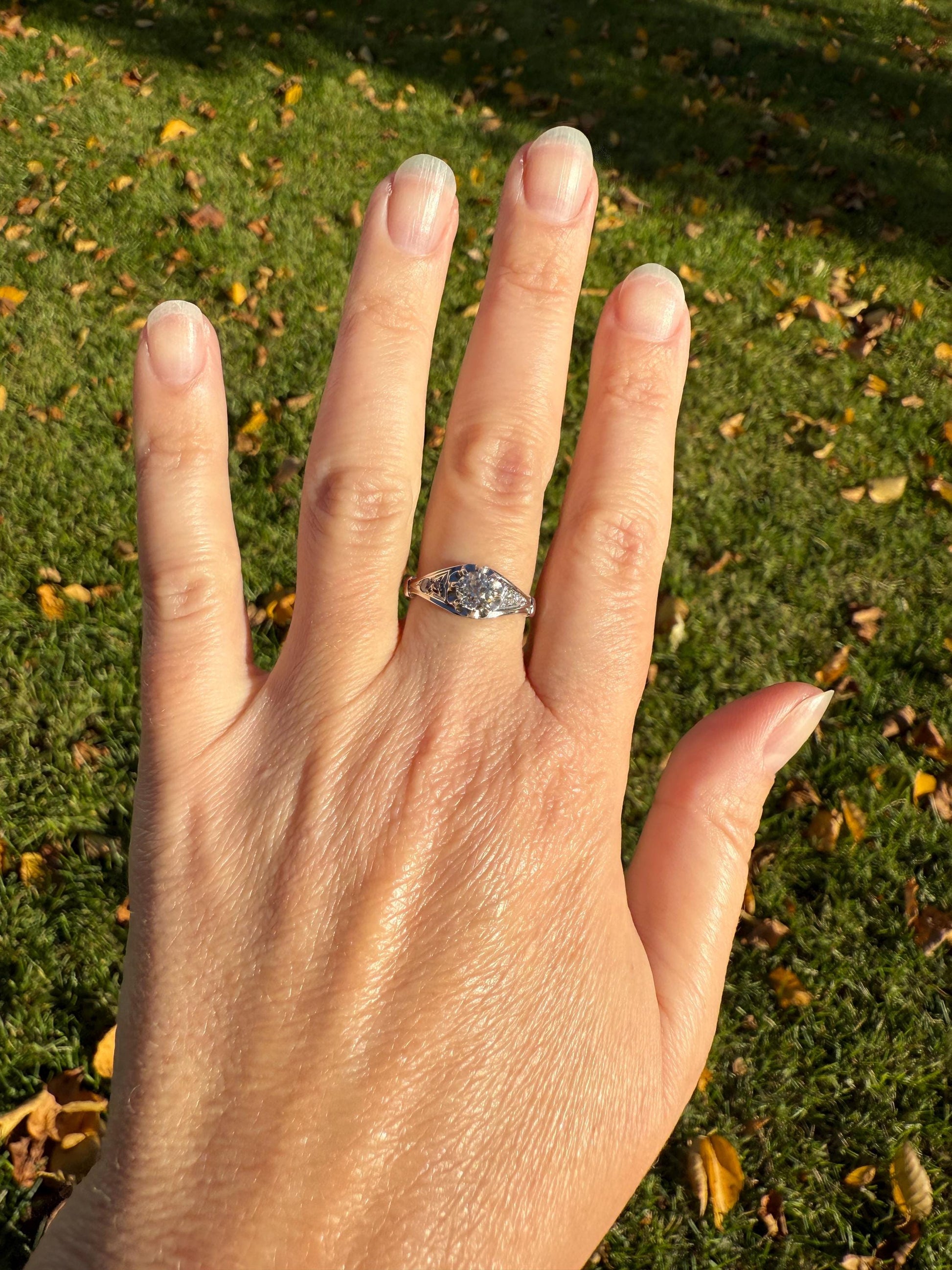 Antique Art Deco .68 Carat Old Mine Cut DIAMOND Solitaire w/ Accents Engagement Ring 18k White Gold Platinum Unique Stacker Romantic Gift