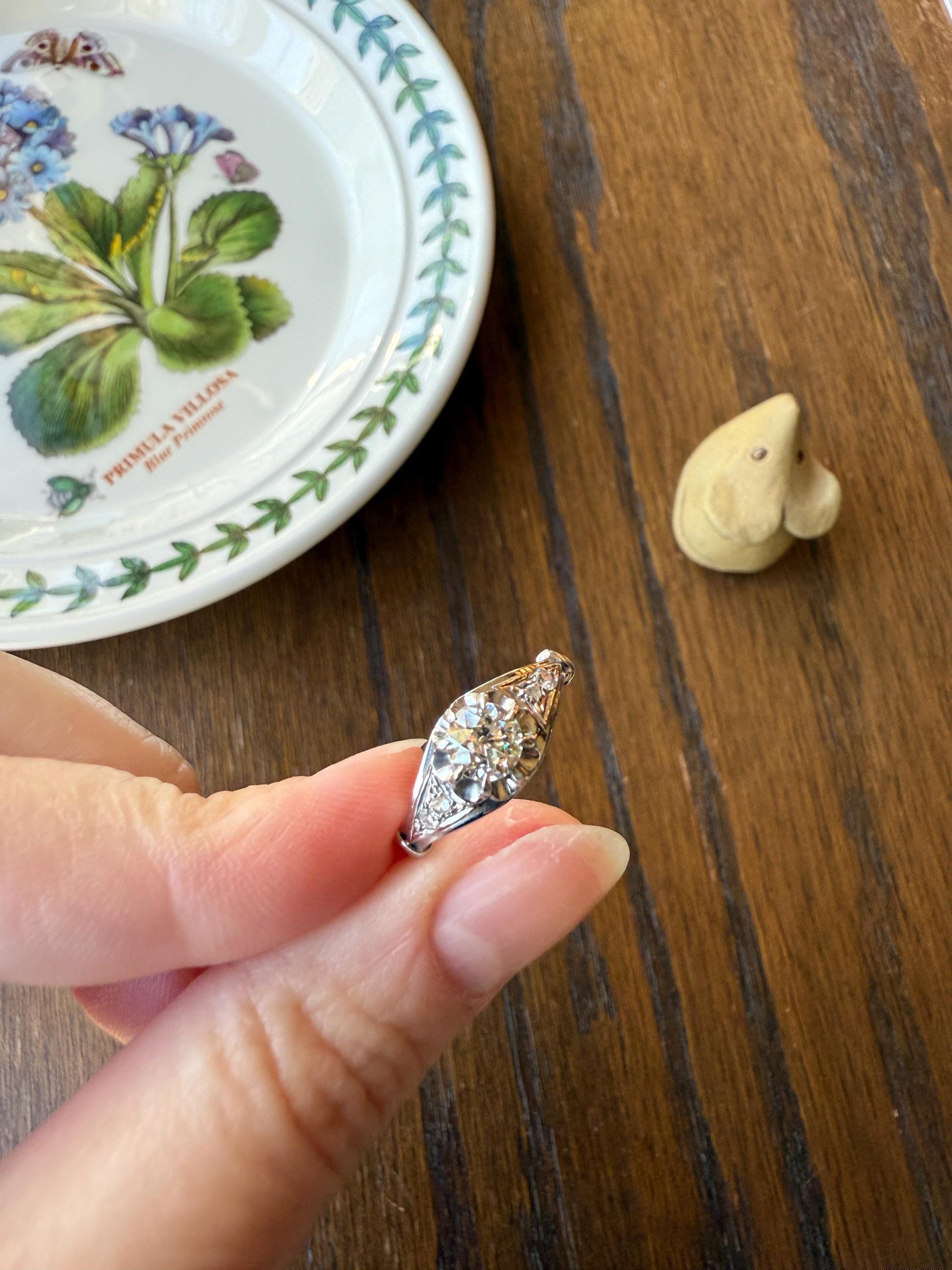 Antique Art Deco .68 Carat Old Mine Cut DIAMOND Solitaire w/ Accents Engagement Ring 18k White Gold Platinum Unique Stacker Romantic Gift