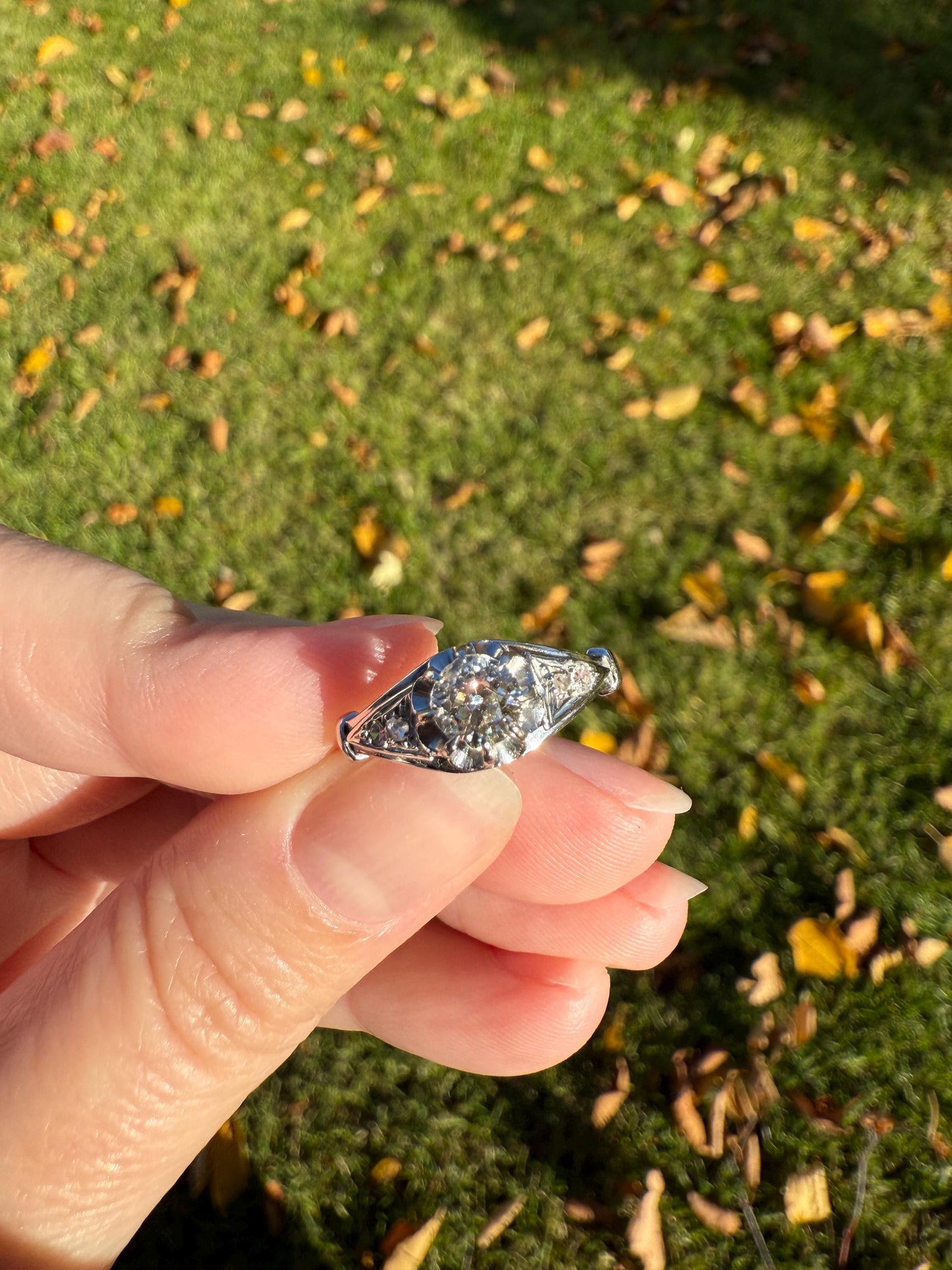 Antique Art Deco .68 Carat Old Mine Cut DIAMOND Solitaire w/ Accents Engagement Ring 18k White Gold Platinum Unique Stacker Romantic Gift