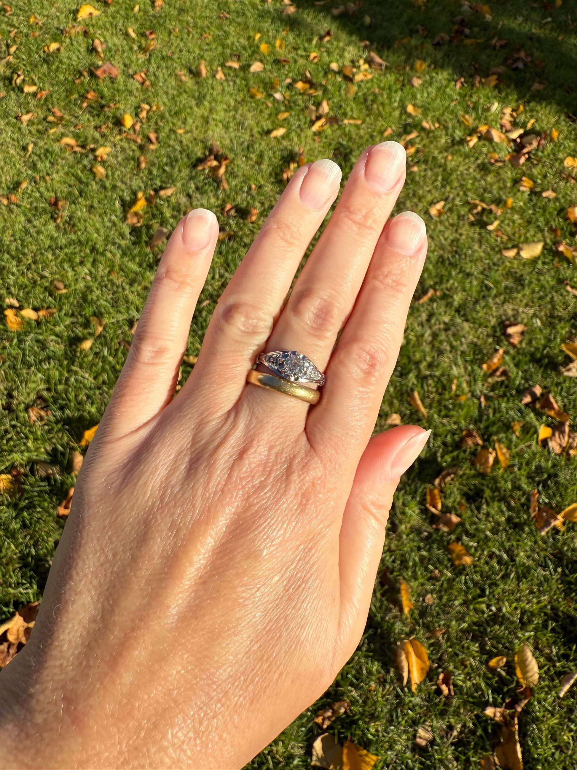 Antique Art Deco .68 Carat Old Mine Cut DIAMOND Solitaire w/ Accents Engagement Ring 18k White Gold Platinum Unique Stacker Romantic Gift