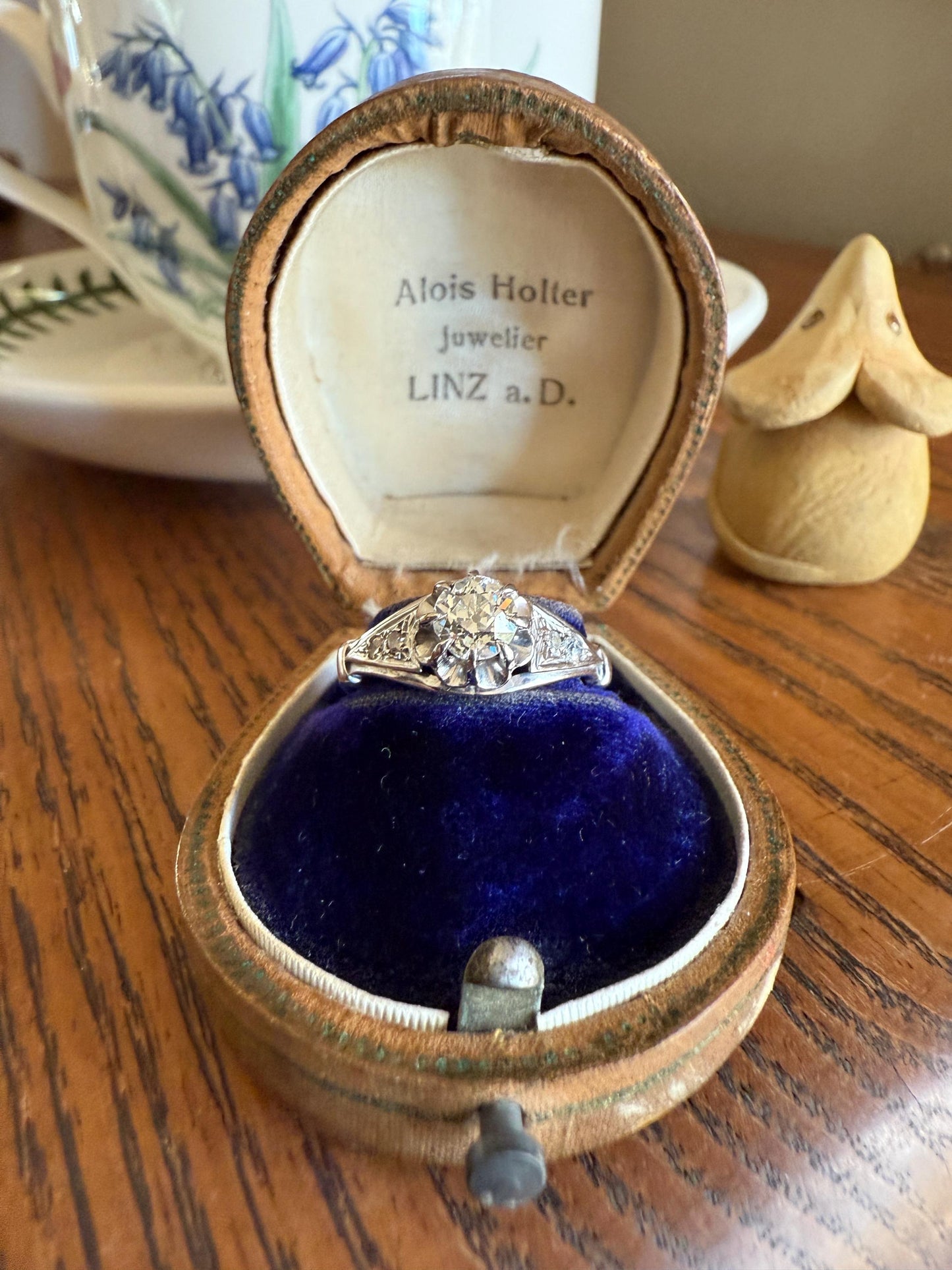 Antique Art Deco .68 Carat Old Mine Cut DIAMOND Solitaire w/ Accents Engagement Ring 18k White Gold Platinum Unique Stacker Romantic Gift