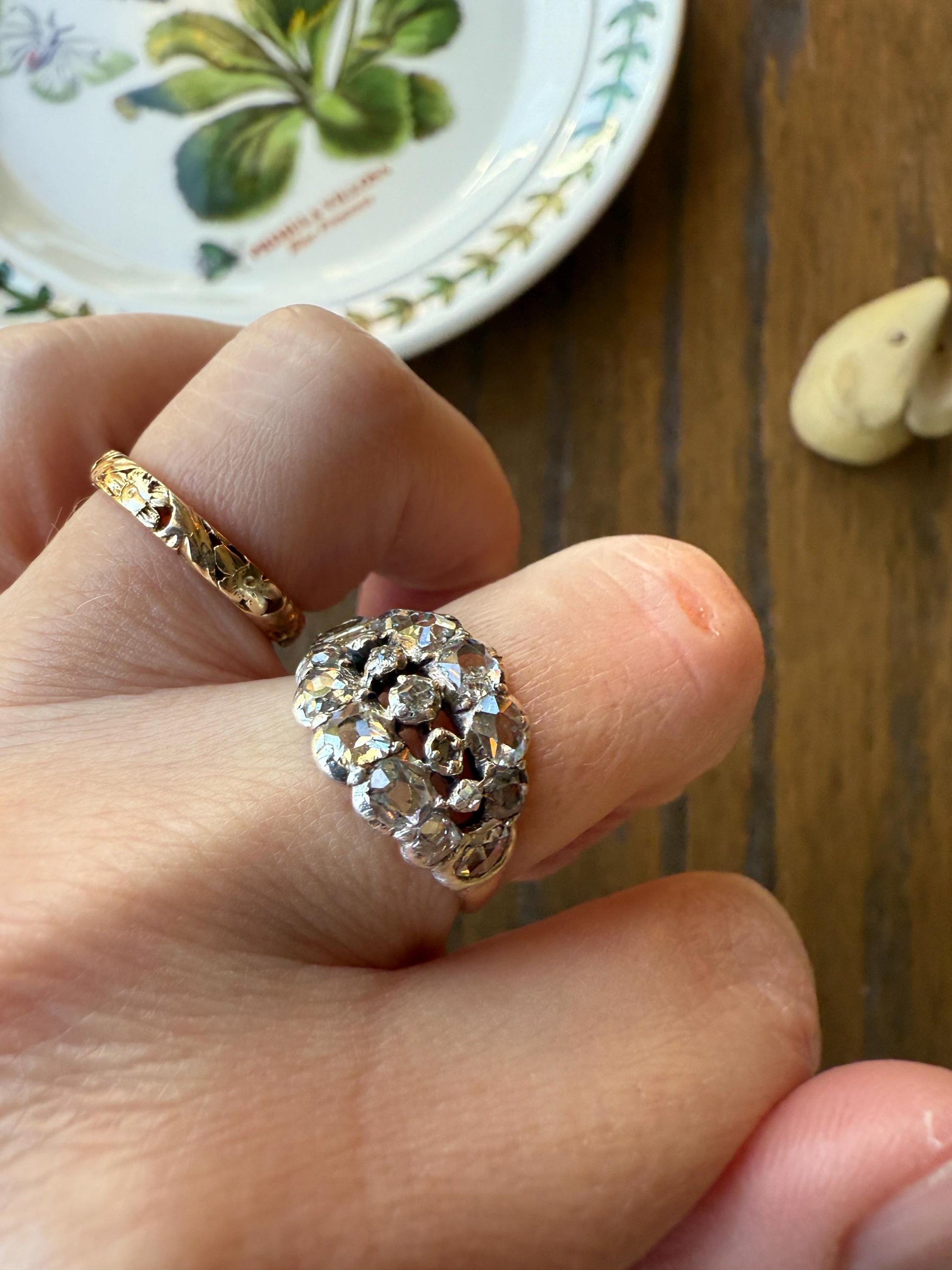 UNIQUE Mixed Old Cut DIAMOND Georgian Era Triple Row Ring Rose Table Old Mine Cut Combo 14k Gold Silver Open Back Stacker Ooak Gift