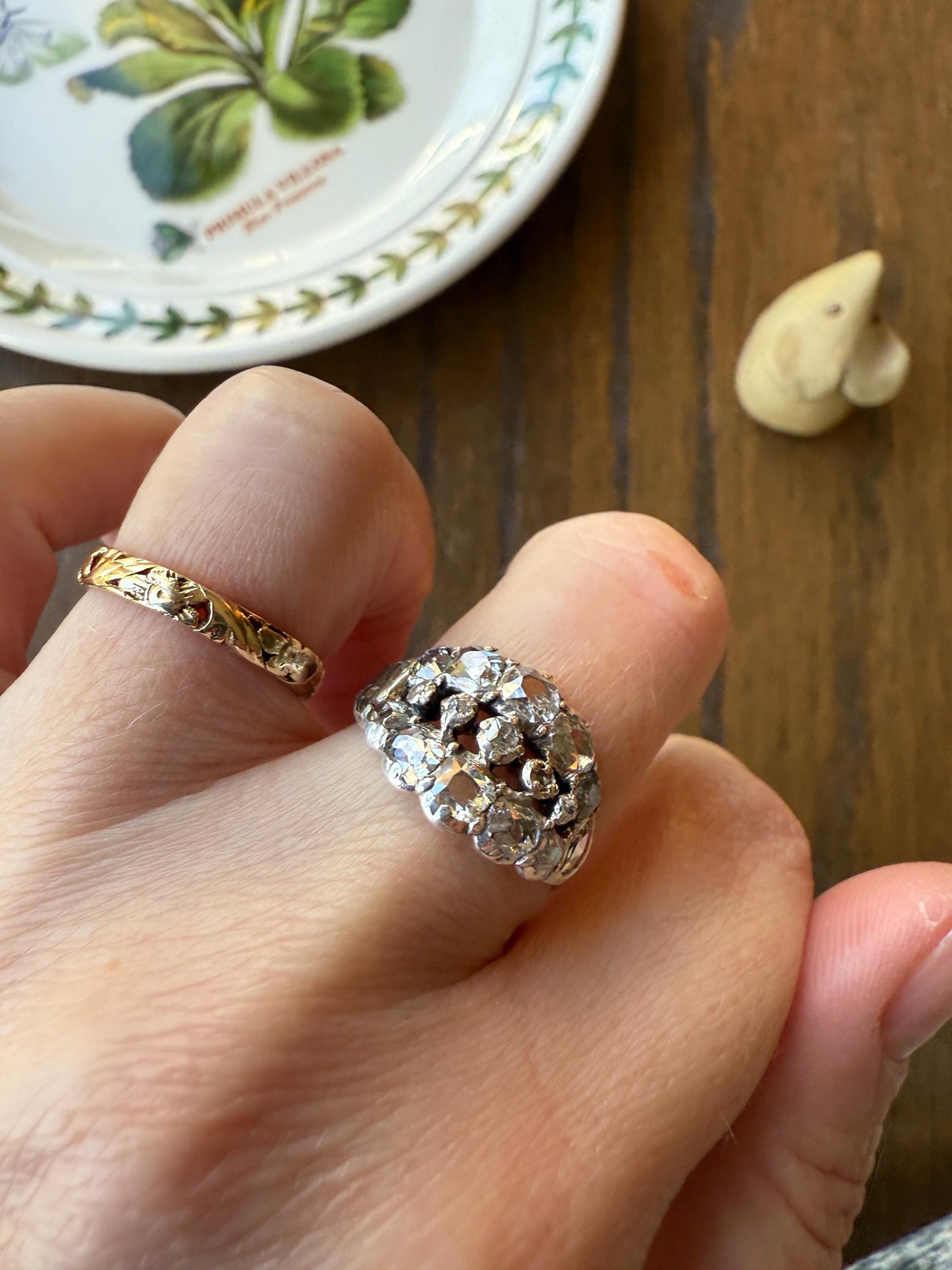 UNIQUE Mixed Old Cut DIAMOND Georgian Era Triple Row Ring Rose Table Old Mine Cut Combo 14k Gold Silver Open Back Stacker Ooak Gift