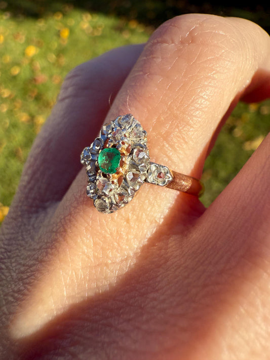 Antique Emerald Rose Cut DIAMOND 18k Gold PLATINUM French Petite Navette Ring Victorian Green Dainty