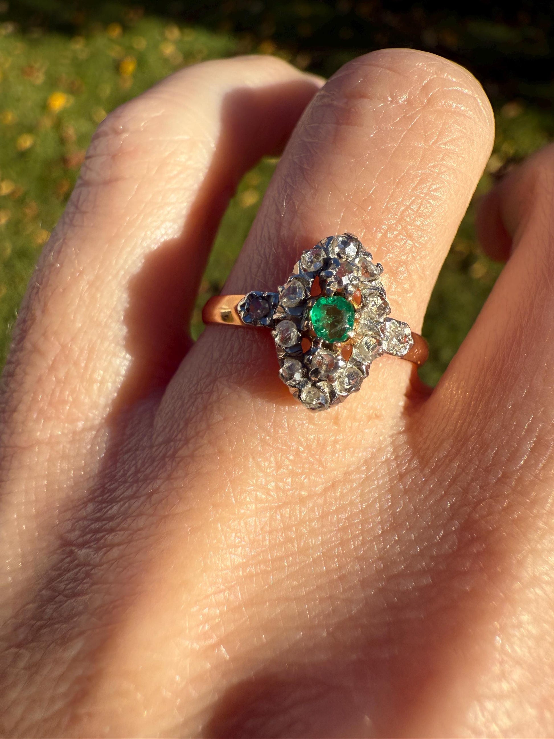 Antique Emerald Rose Cut DIAMOND 18k Gold PLATINUM French Petite Navette Ring Victorian Green Dainty