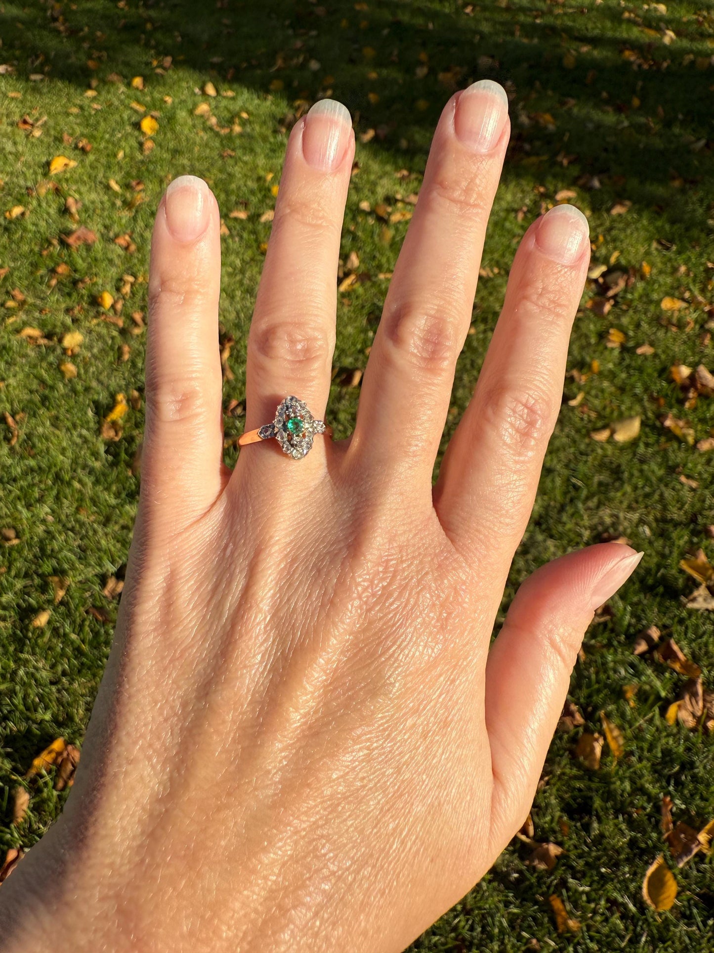 Antique Emerald Rose Cut DIAMOND 18k Gold PLATINUM French Petite Navette Ring Victorian Green Dainty