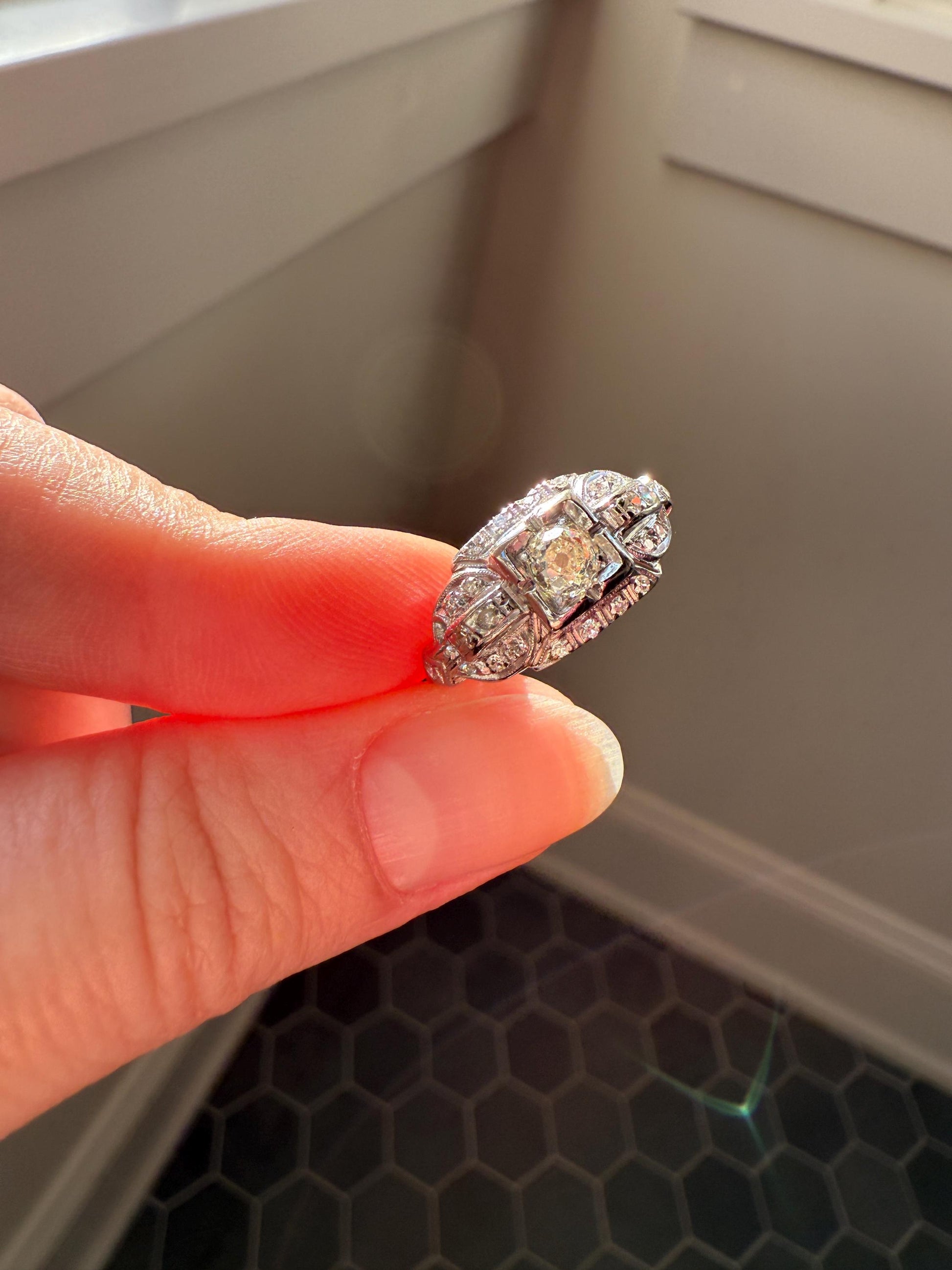 Chunky Old Mine Cut DIAMOND Single Cut Accents Platinum East West Antique Art Deco Stacker Ring