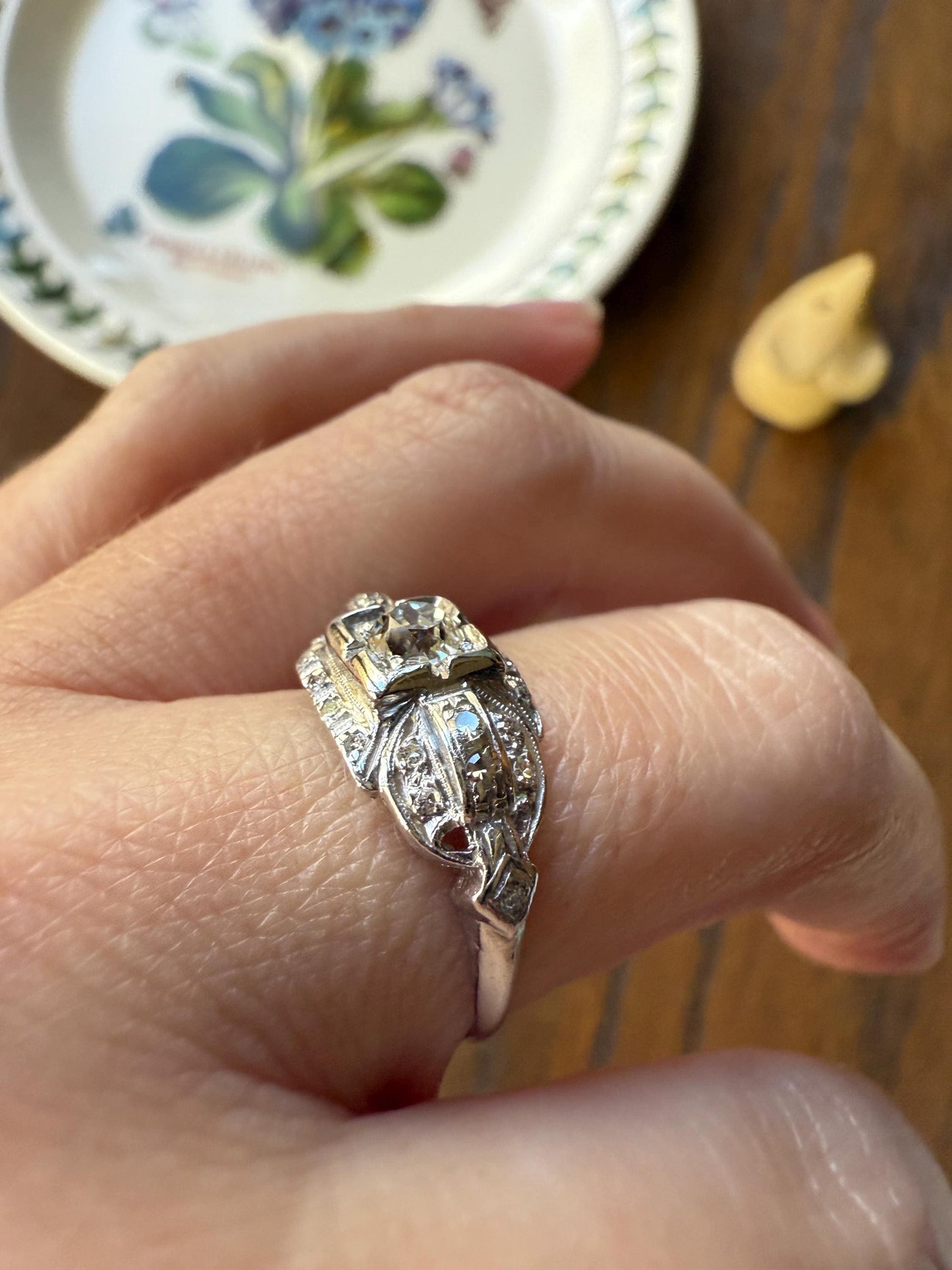 Chunky Old Mine Cut DIAMOND Single Cut Accents Platinum East West Antique Art Deco Stacker Ring