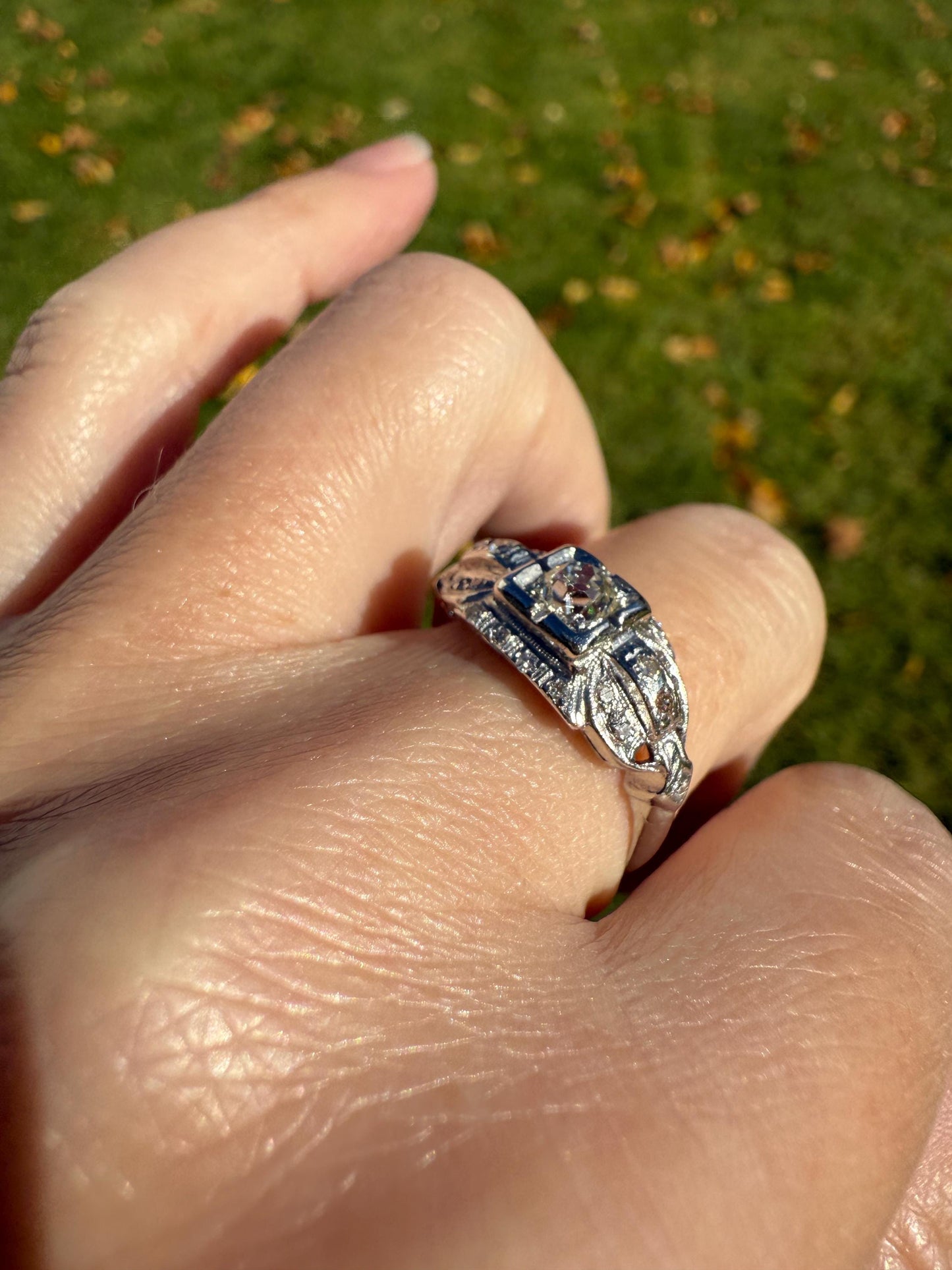 Chunky Old Mine Cut DIAMOND Single Cut Accents Platinum East West Antique Art Deco Stacker Ring