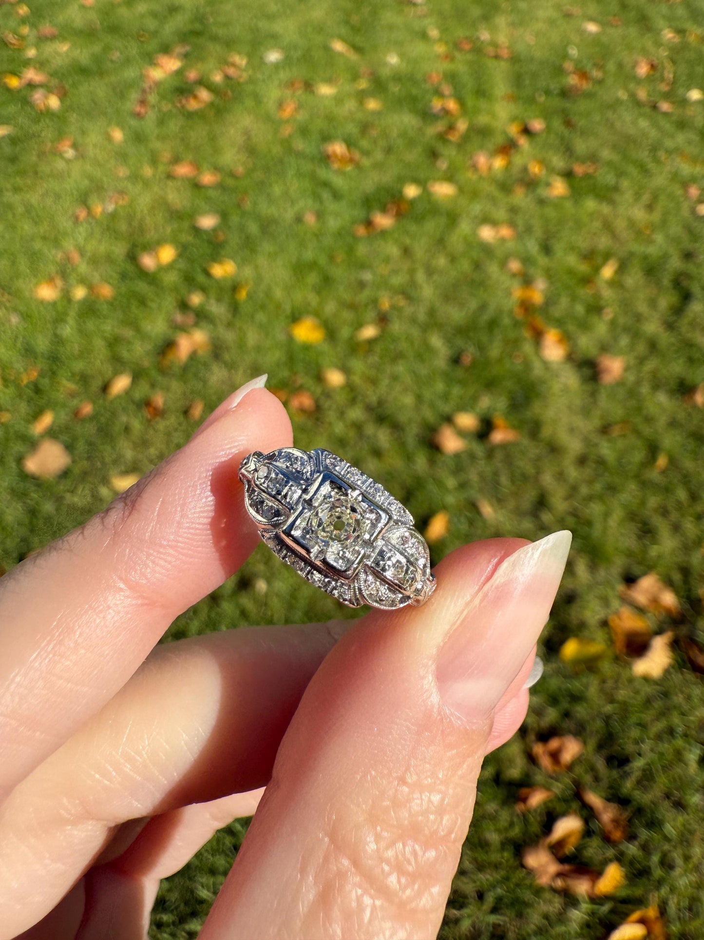 Chunky Old Mine Cut DIAMOND Single Cut Accents Platinum East West Antique Art Deco Stacker Ring