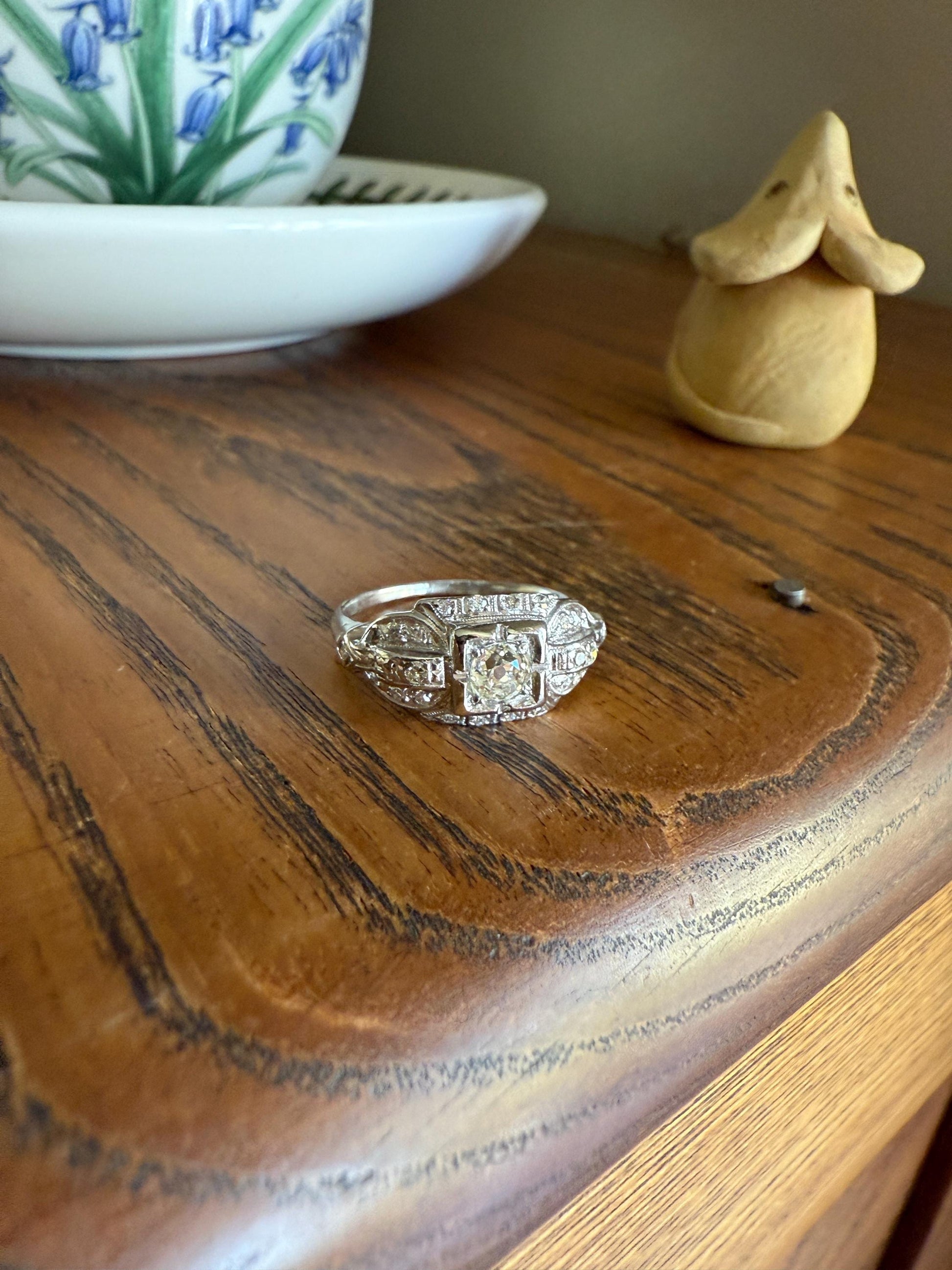 Chunky Old Mine Cut DIAMOND Single Cut Accents Platinum East West Antique Art Deco Stacker Ring