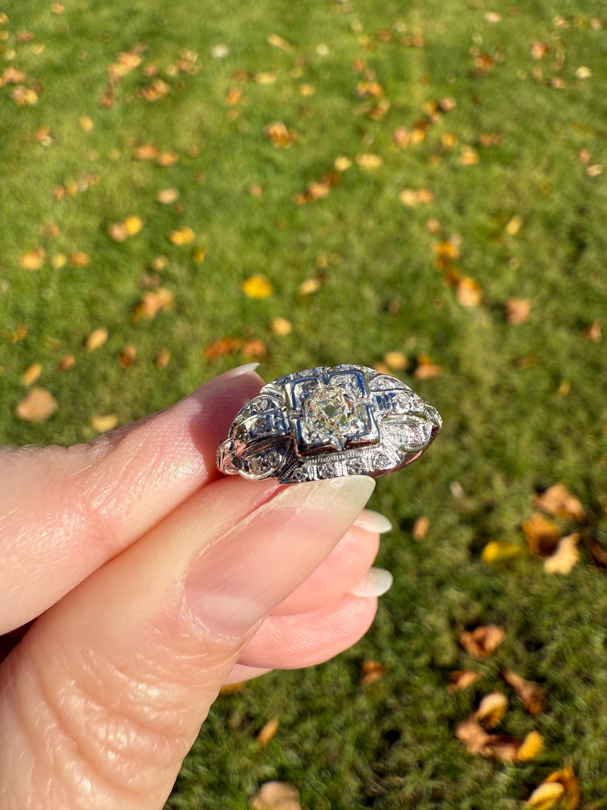 Chunky Old Mine Cut DIAMOND Single Cut Accents Platinum East West Antique Art Deco Stacker Ring