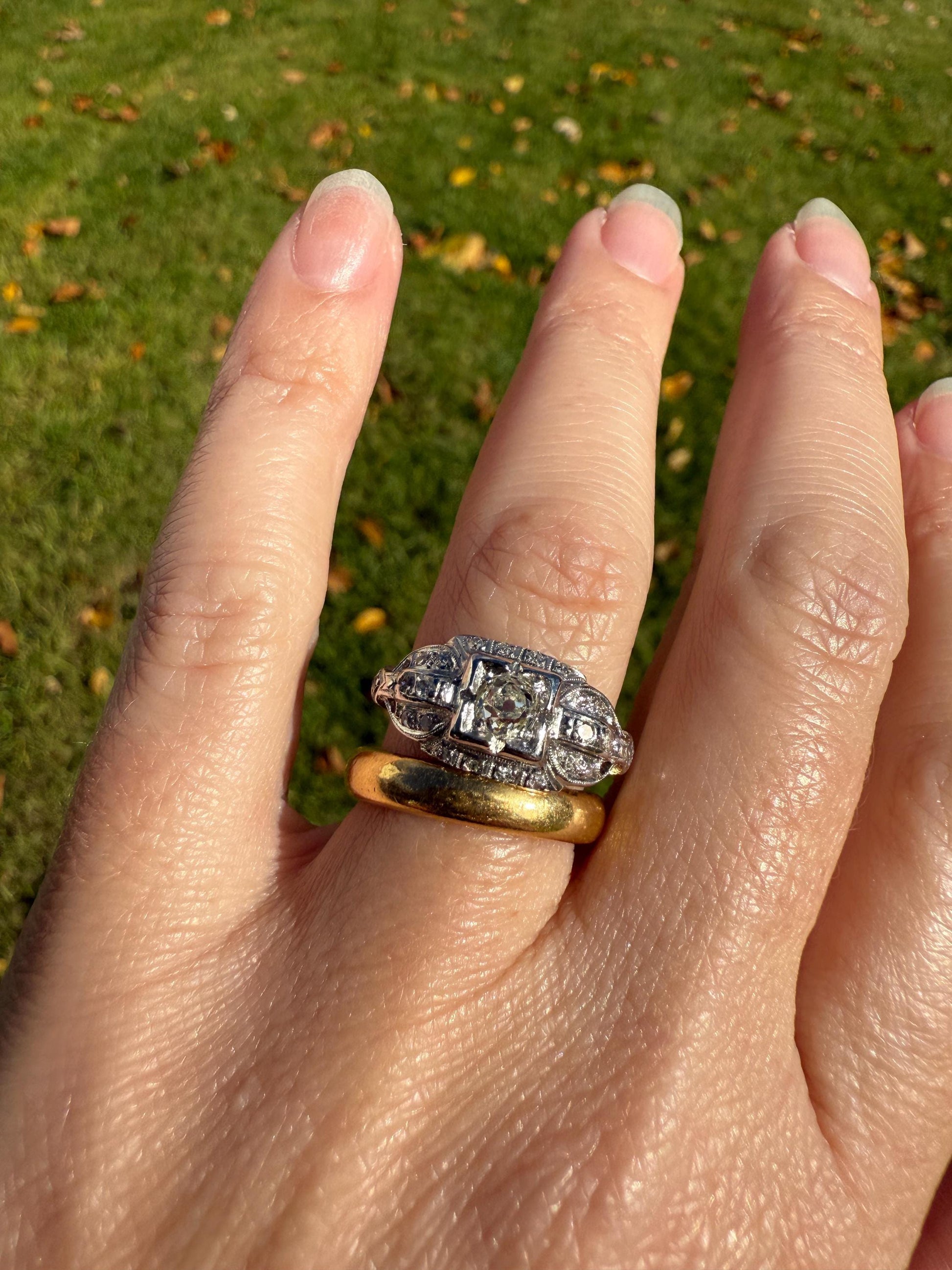 Chunky Old Mine Cut DIAMOND Single Cut Accents Platinum East West Antique Art Deco Stacker Ring