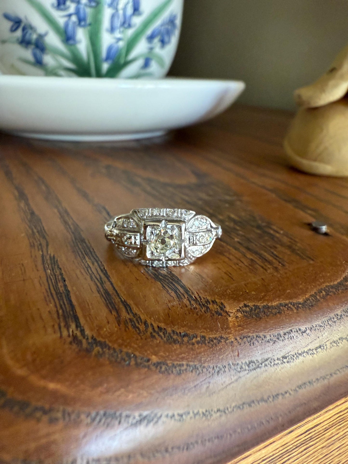 Chunky Old Mine Cut DIAMOND Single Cut Accents Platinum East West Antique Art Deco Stacker Ring