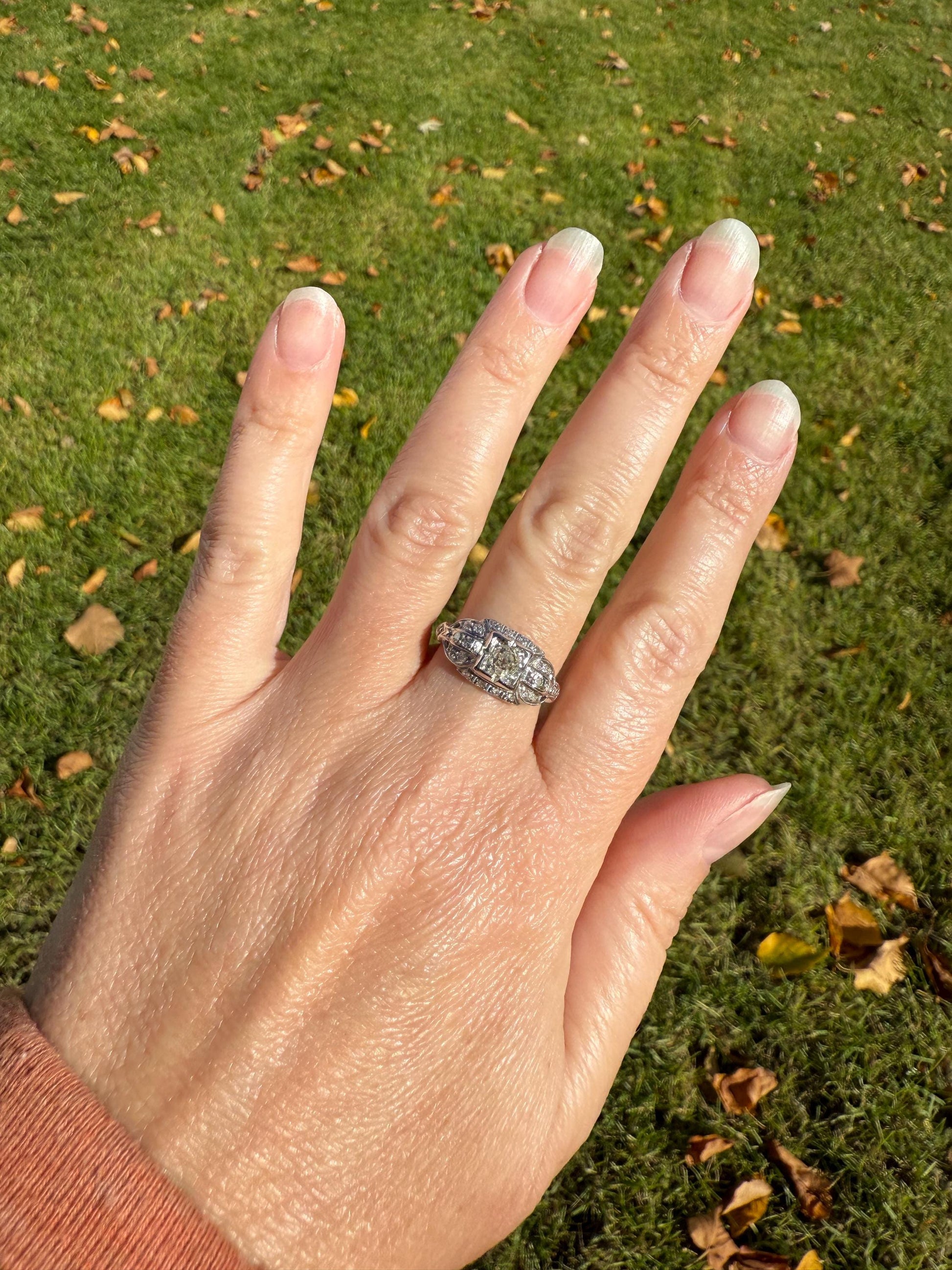 Chunky Old Mine Cut DIAMOND Single Cut Accents Platinum East West Antique Art Deco Stacker Ring