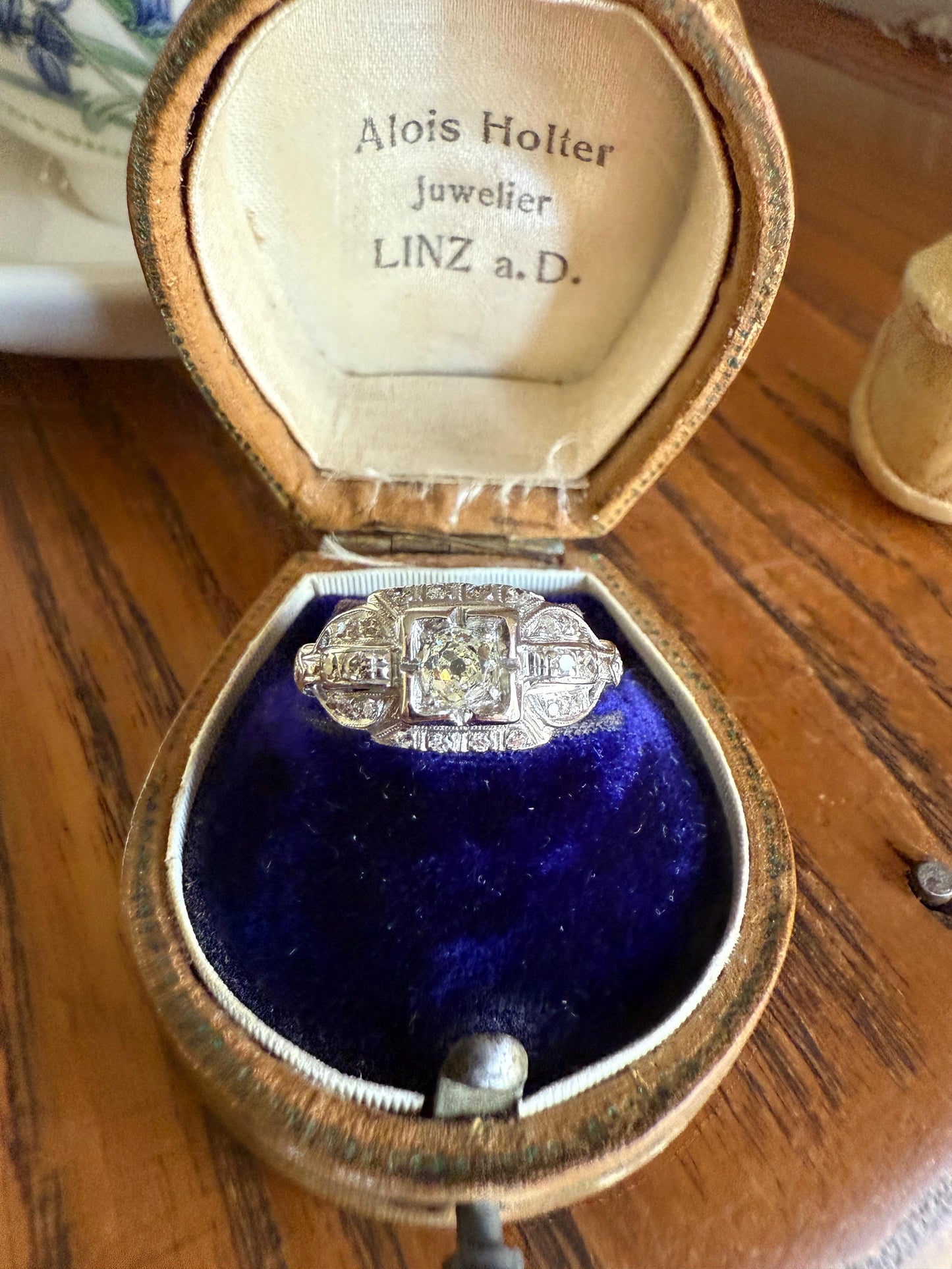 Chunky Old Mine Cut DIAMOND Single Cut Accents Platinum East West Antique Art Deco Stacker Ring