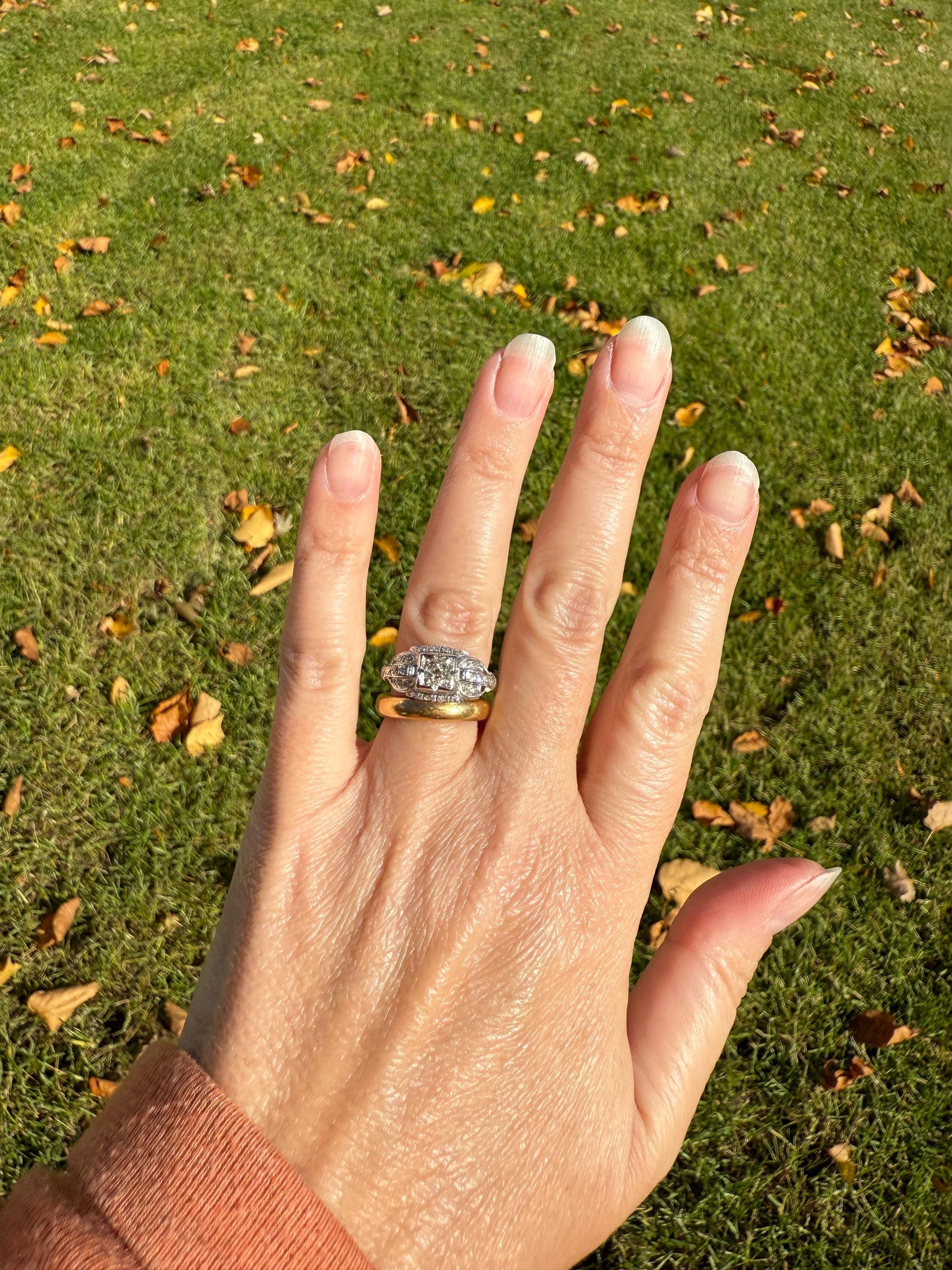 Chunky Old Mine Cut DIAMOND Single Cut Accents Platinum East West Antique Art Deco Stacker Ring