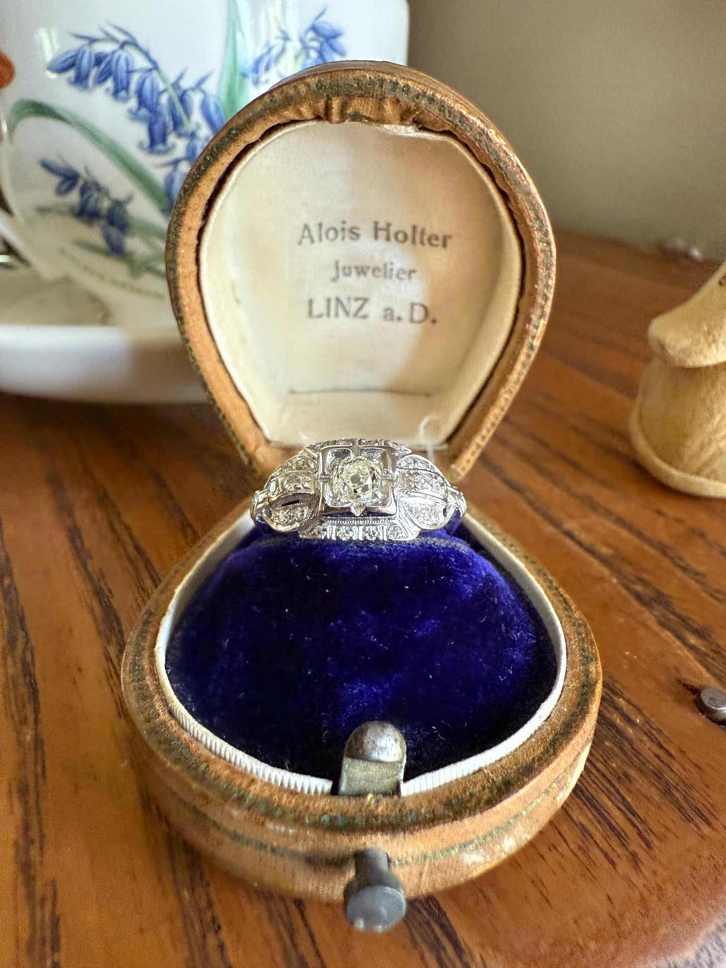 Chunky Old Mine Cut DIAMOND Single Cut Accents Platinum East West Antique Art Deco Stacker Ring