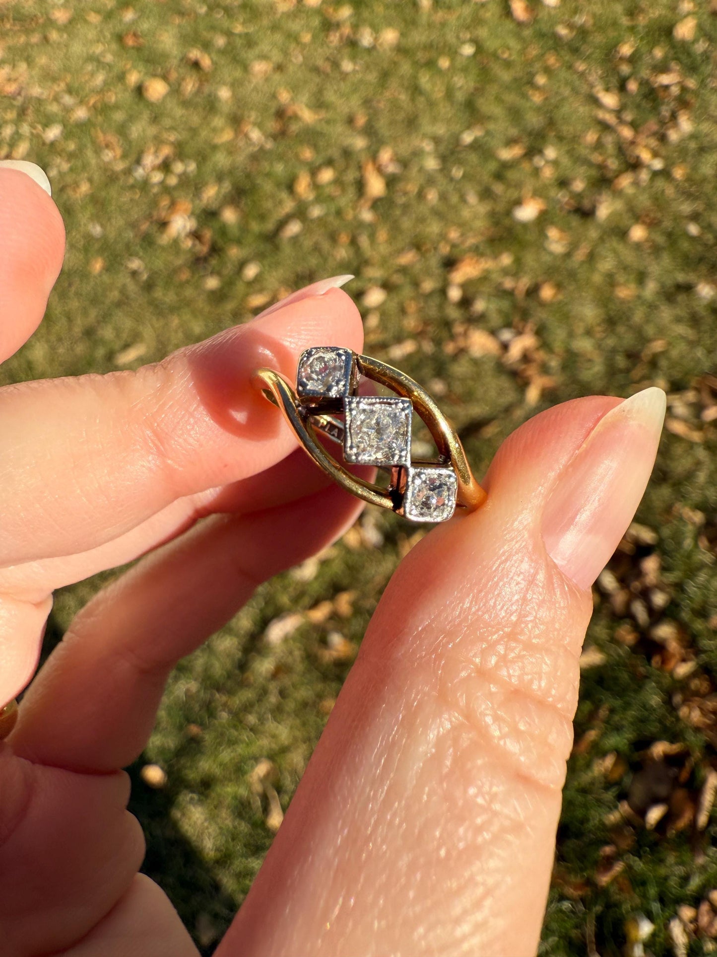 Antique Crossover Band Old Mine Cut Angled Bypass Three Stone Ring 18k Gold Platinum Stacker