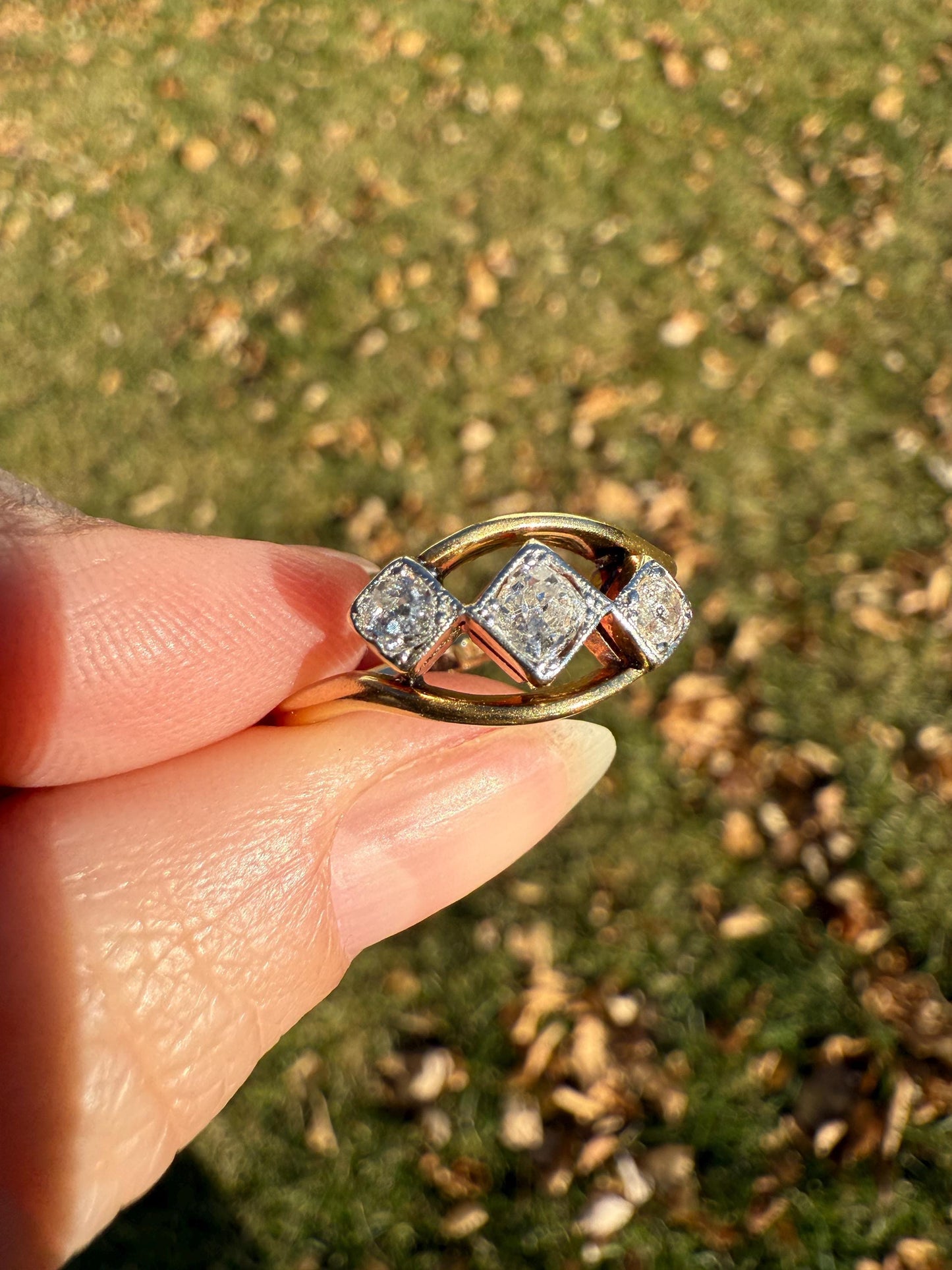 Antique Crossover Band Old Mine Cut Angled Bypass Three Stone Ring 18k Gold Platinum Stacker