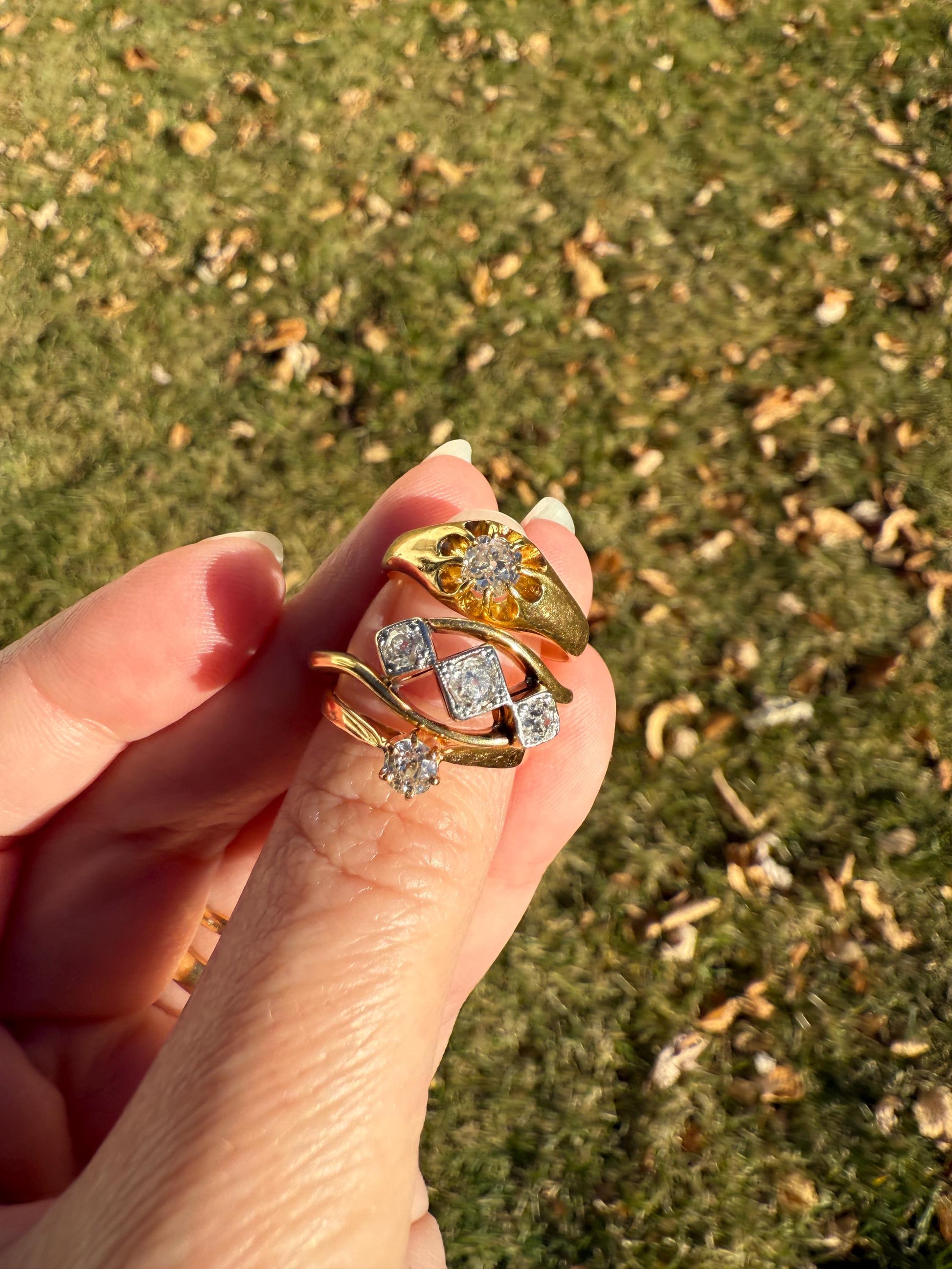 Antique Crossover Band Old Mine Cut Angled Bypass Three Stone Ring 18k Gold Platinum Stacker