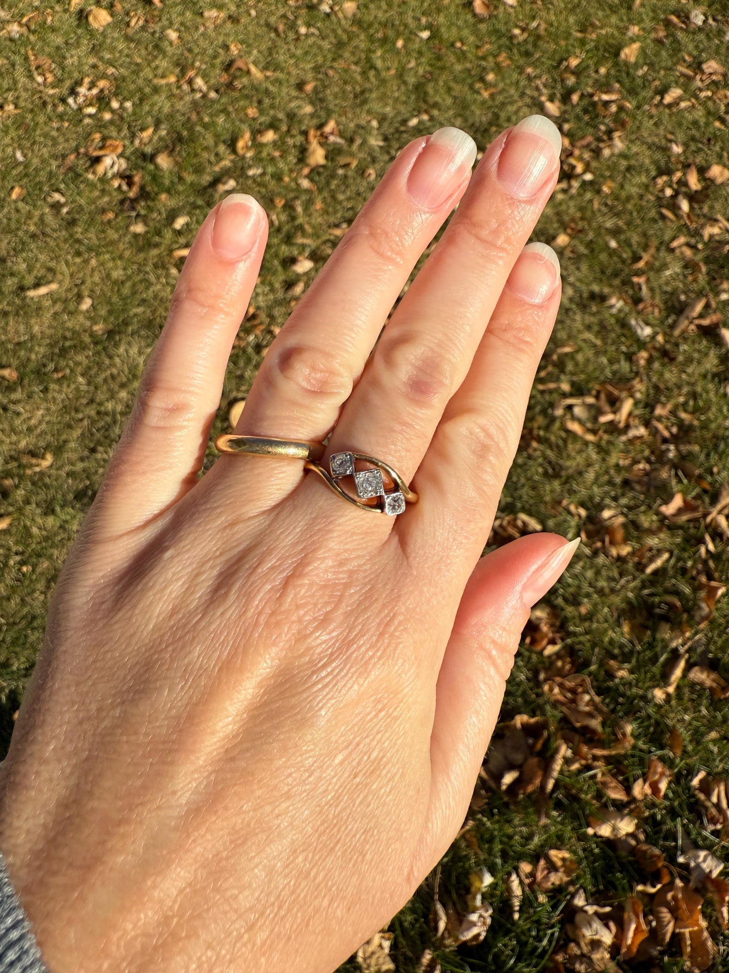 Antique Crossover Band Old Mine Cut Angled Bypass Three Stone Ring 18k Gold Platinum Stacker