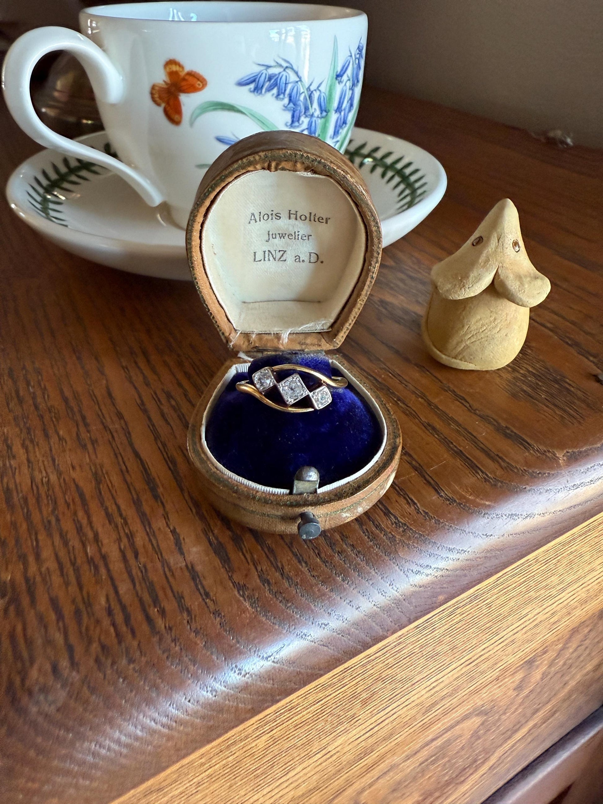 Antique Crossover Band Old Mine Cut Angled Bypass Three Stone Ring 18k Gold Platinum Stacker