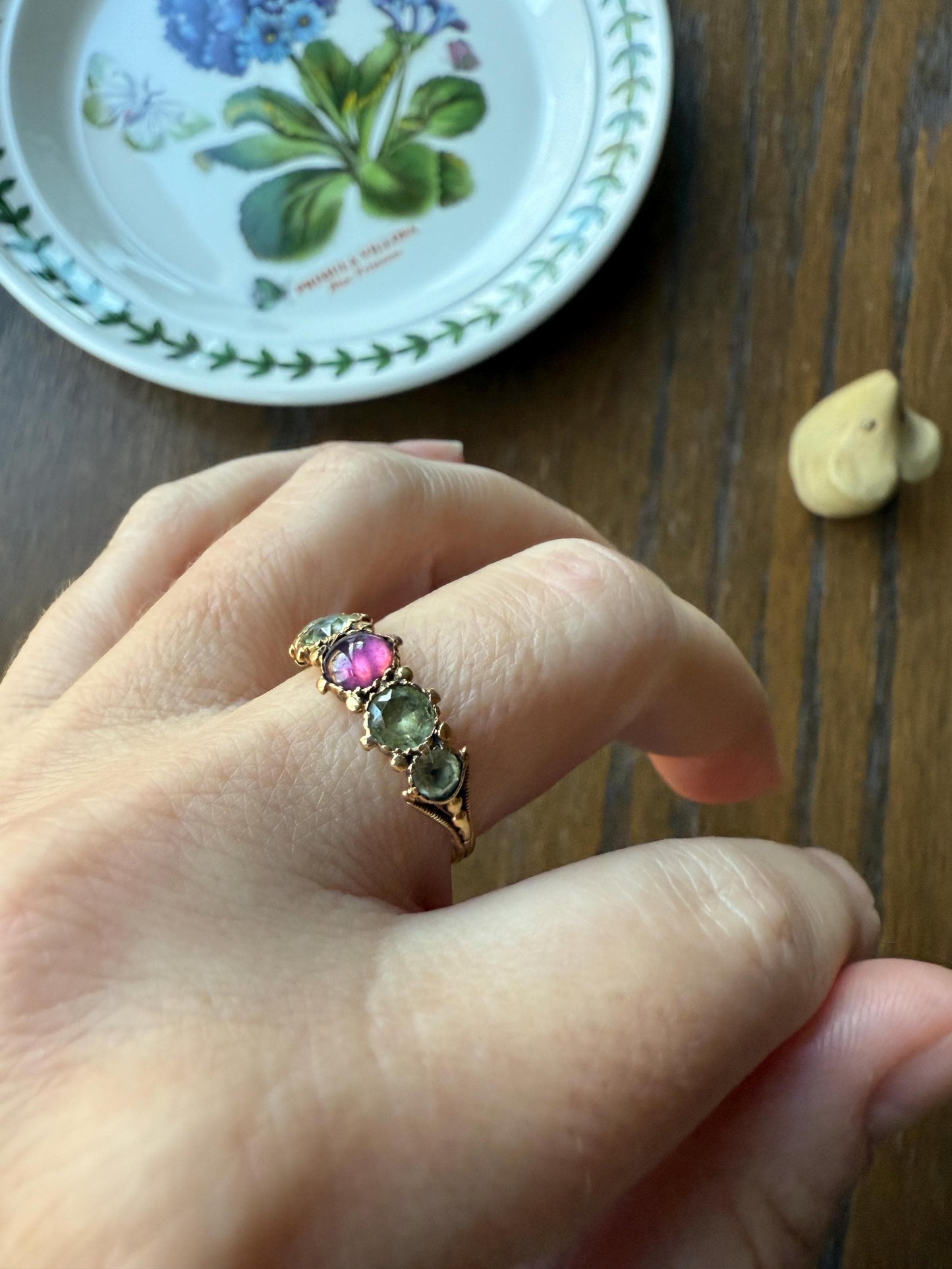 Unique Antique Georgian to Victorian Five Stone Old Cut Green Chrysoberyl & Cabochon Amethyst Stacker Band 18k Gold Ring Foiled Suffragette