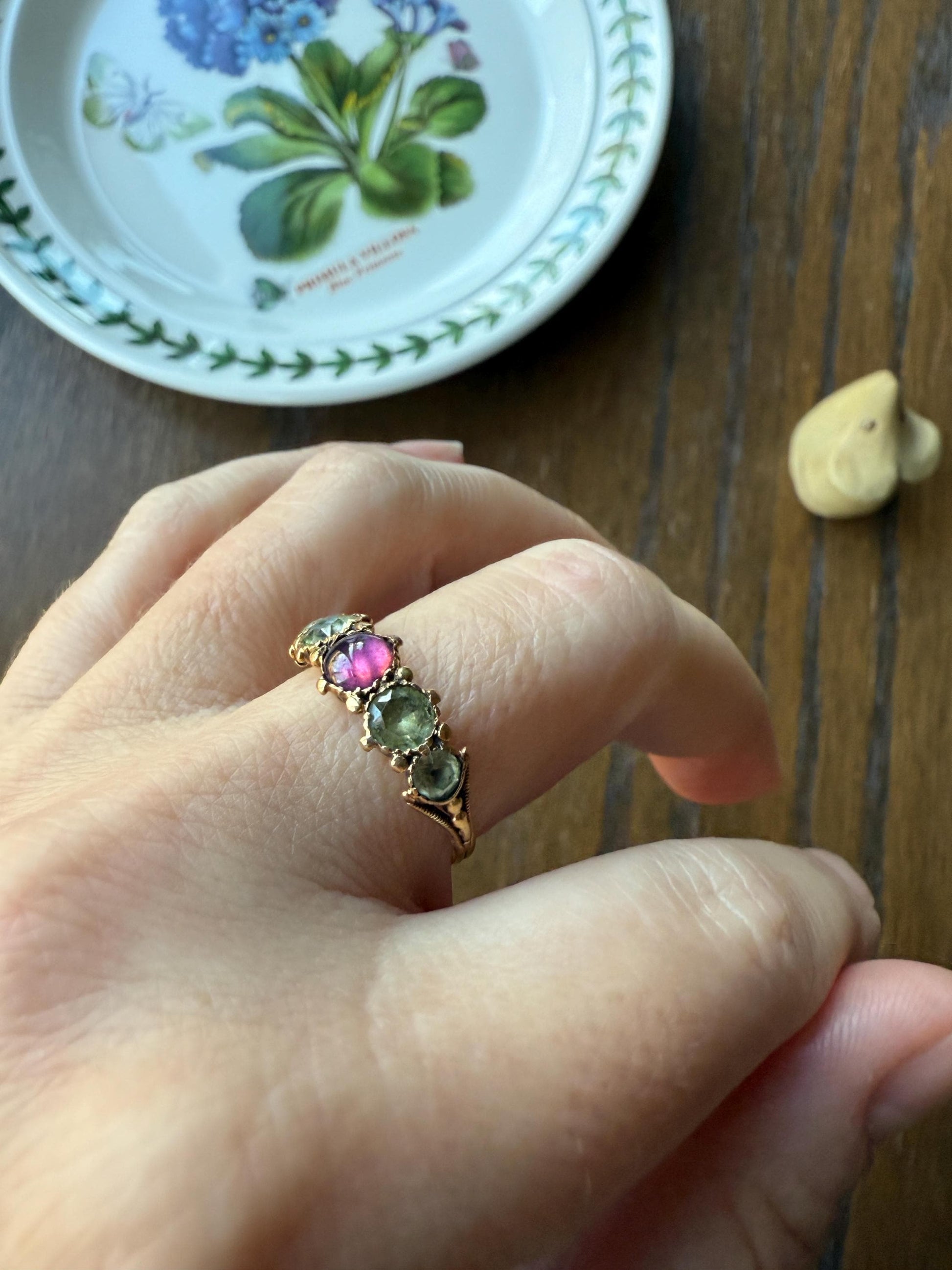 Unique Antique Georgian to Victorian Five Stone Old Cut Green Chrysoberyl & Cabochon Amethyst Stacker Band 18k Gold Ring Foiled Suffragette