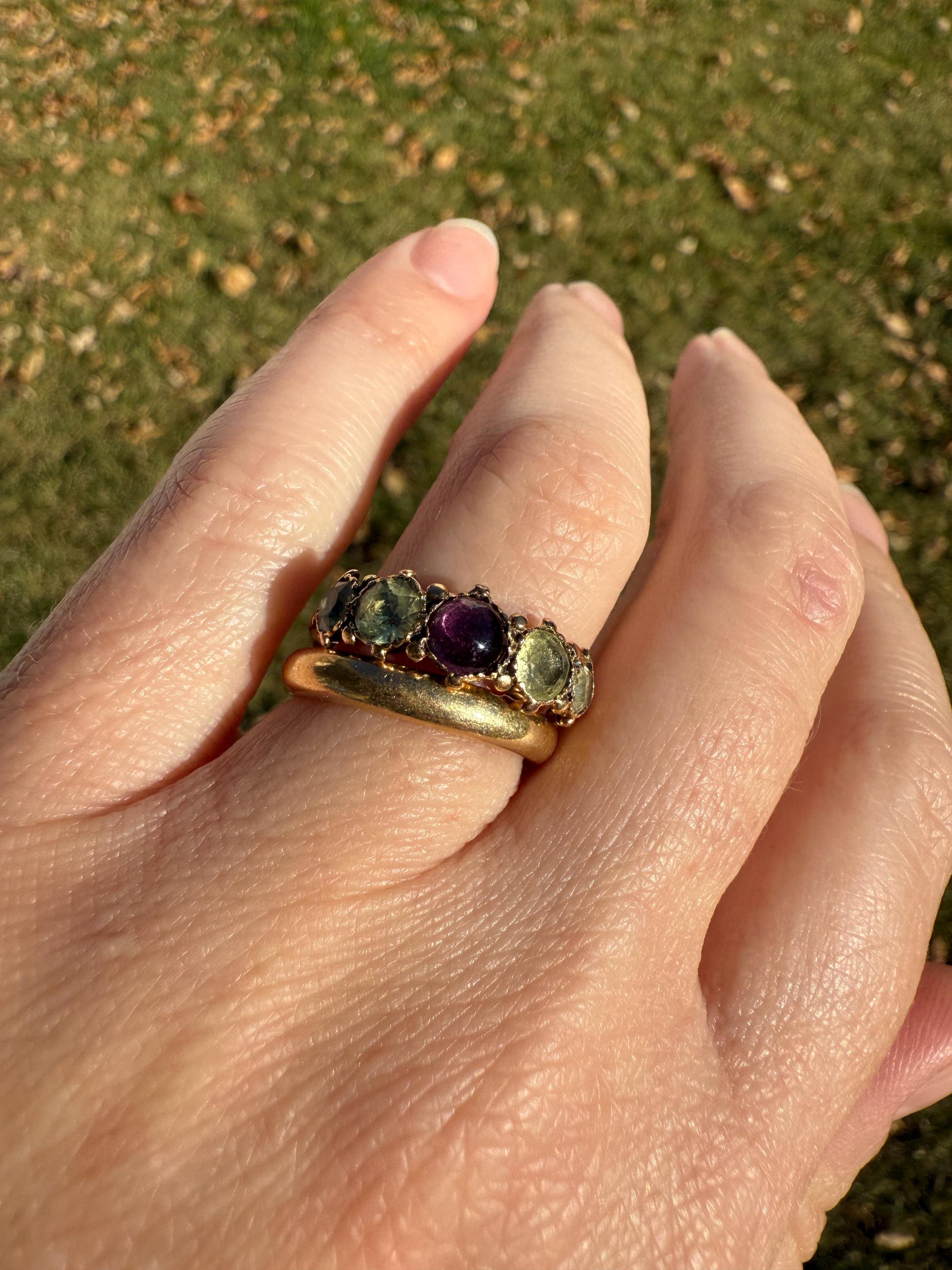 Unique Antique Georgian to Victorian Five Stone Old Cut Green Chrysoberyl & Cabochon Amethyst Stacker Band 18k Gold Ring Foiled Suffragette