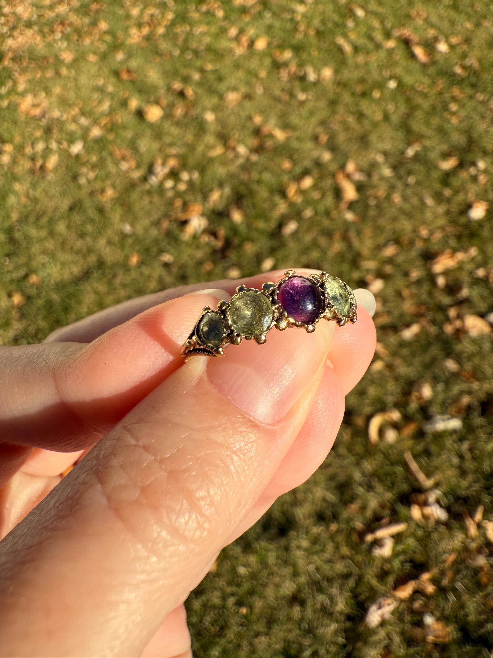 Unique Antique Georgian to Victorian Five Stone Old Cut Green Chrysoberyl & Cabochon Amethyst Stacker Band 18k Gold Ring Foiled Suffragette