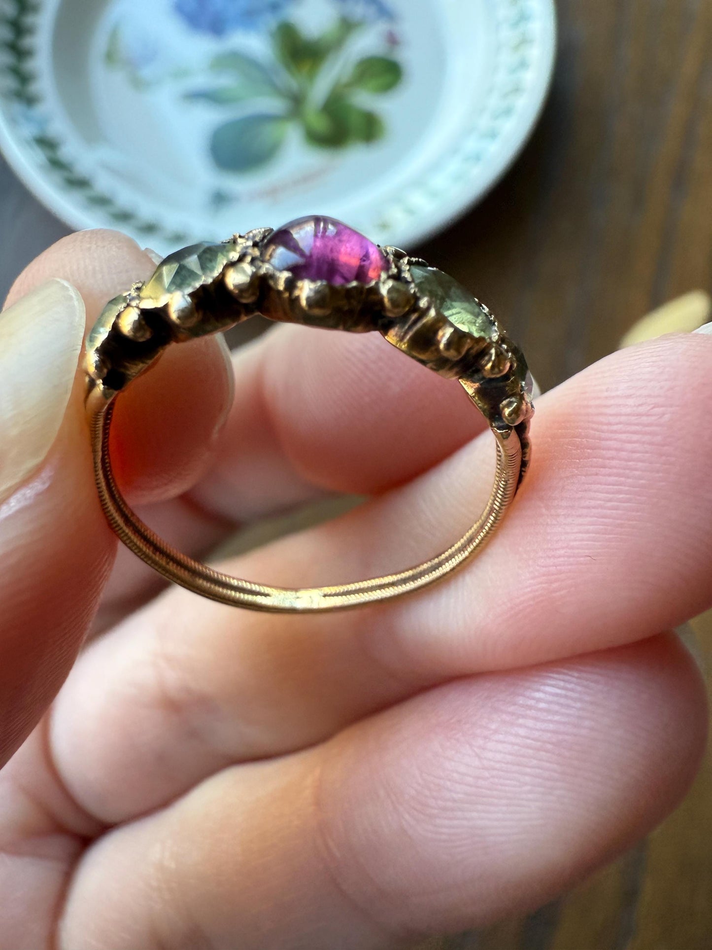 Unique Antique Georgian to Victorian Five Stone Old Cut Green Chrysoberyl & Cabochon Amethyst Stacker Band 18k Gold Ring Foiled Suffragette