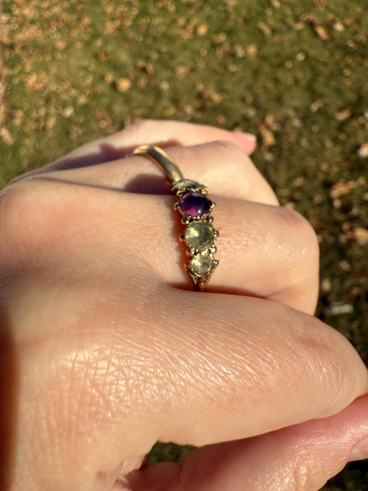 Unique Antique Georgian to Victorian Five Stone Old Cut Green Chrysoberyl & Cabochon Amethyst Stacker Band 18k Gold Ring Foiled Suffragette