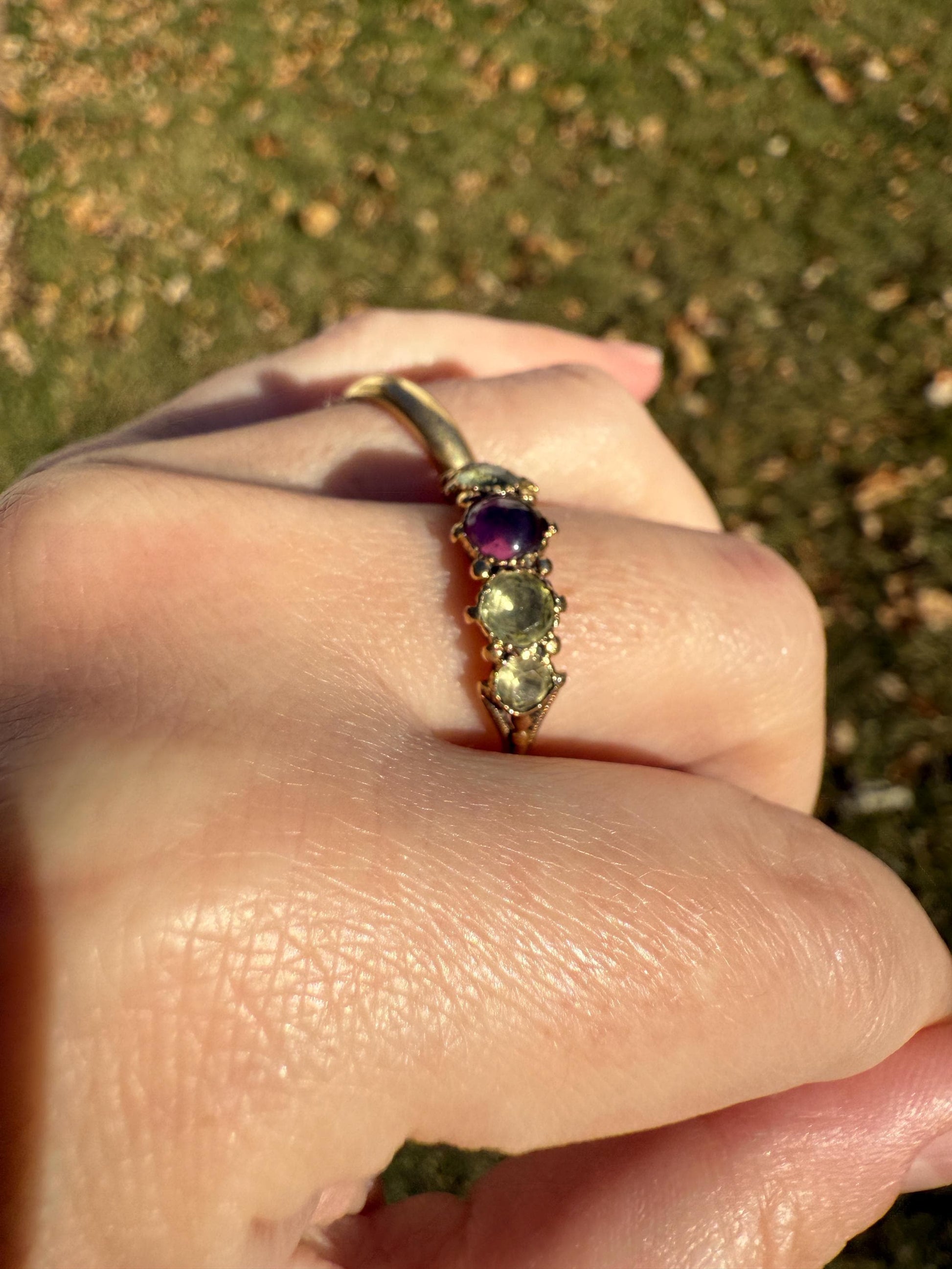 Unique Antique Georgian to Victorian Five Stone Old Cut Green Chrysoberyl & Cabochon Amethyst Stacker Band 18k Gold Ring Foiled Suffragette