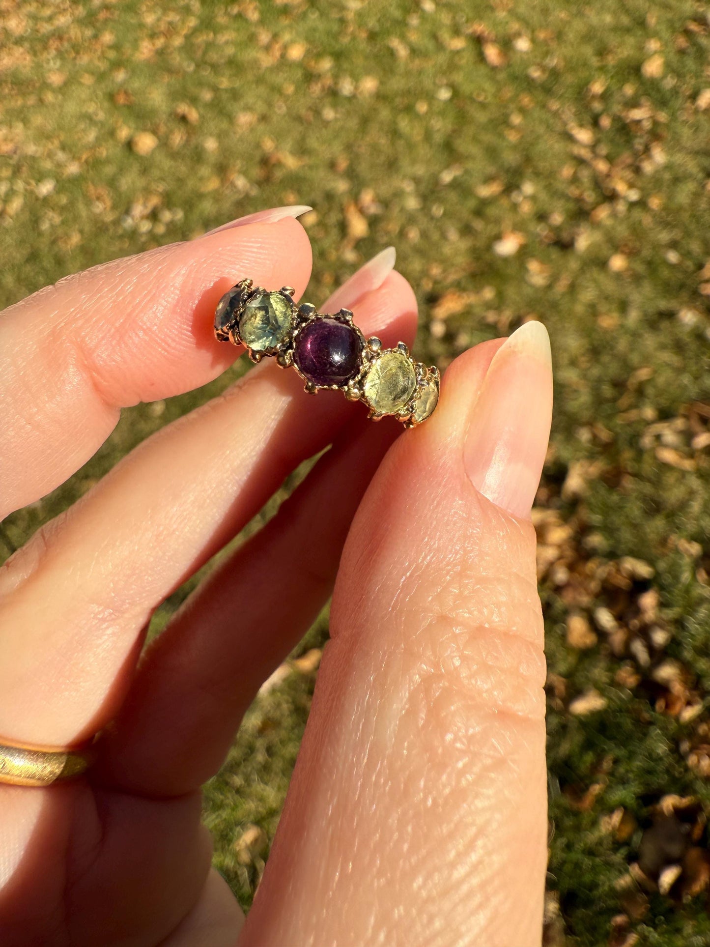 Unique Antique Georgian to Victorian Five Stone Old Cut Green Chrysoberyl & Cabochon Amethyst Stacker Band 18k Gold Ring Foiled Suffragette