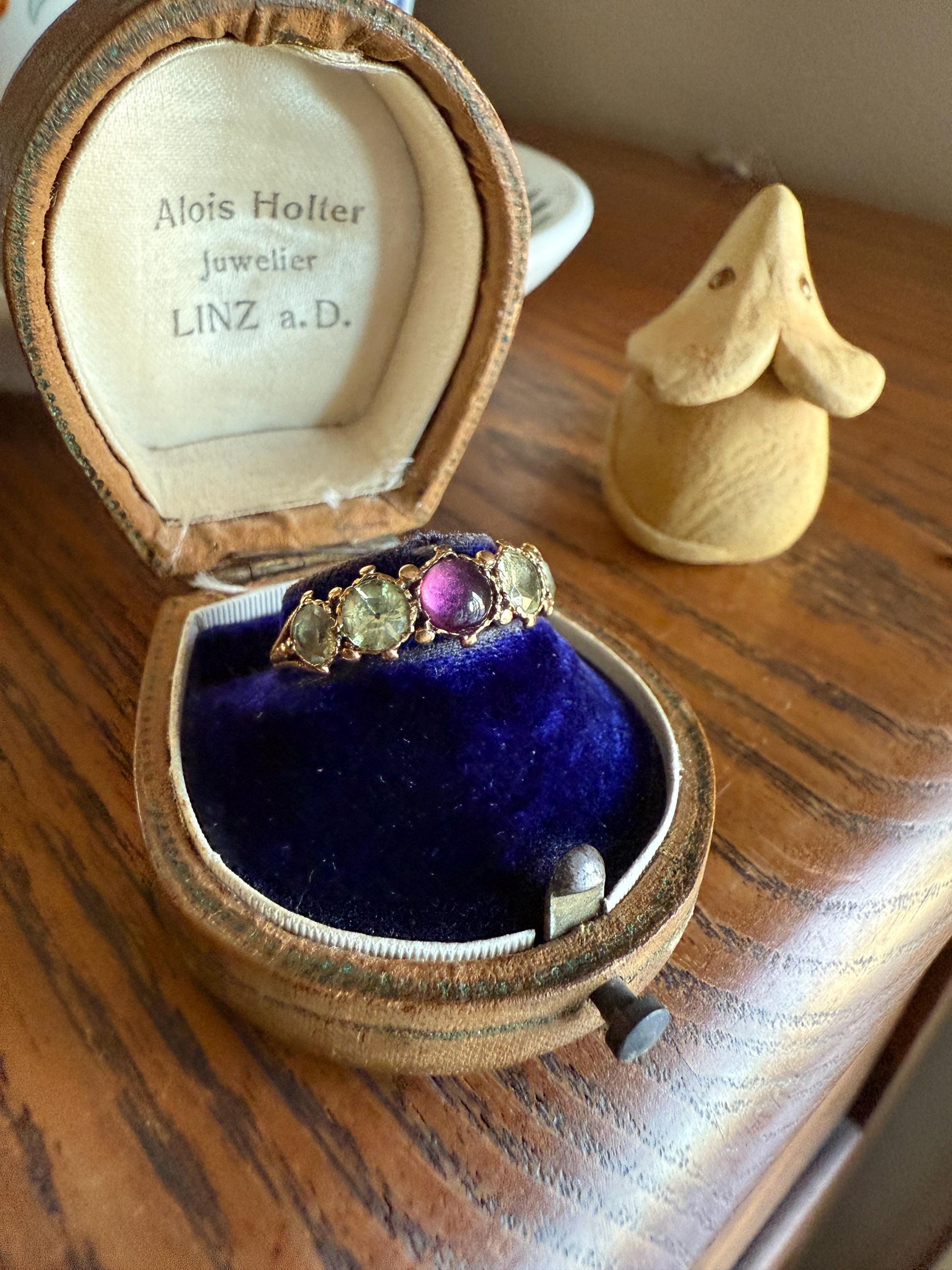 Unique Antique Georgian to Victorian Five Stone Old Cut Green Chrysoberyl & Cabochon Amethyst Stacker Band 18k Gold Ring Foiled Suffragette