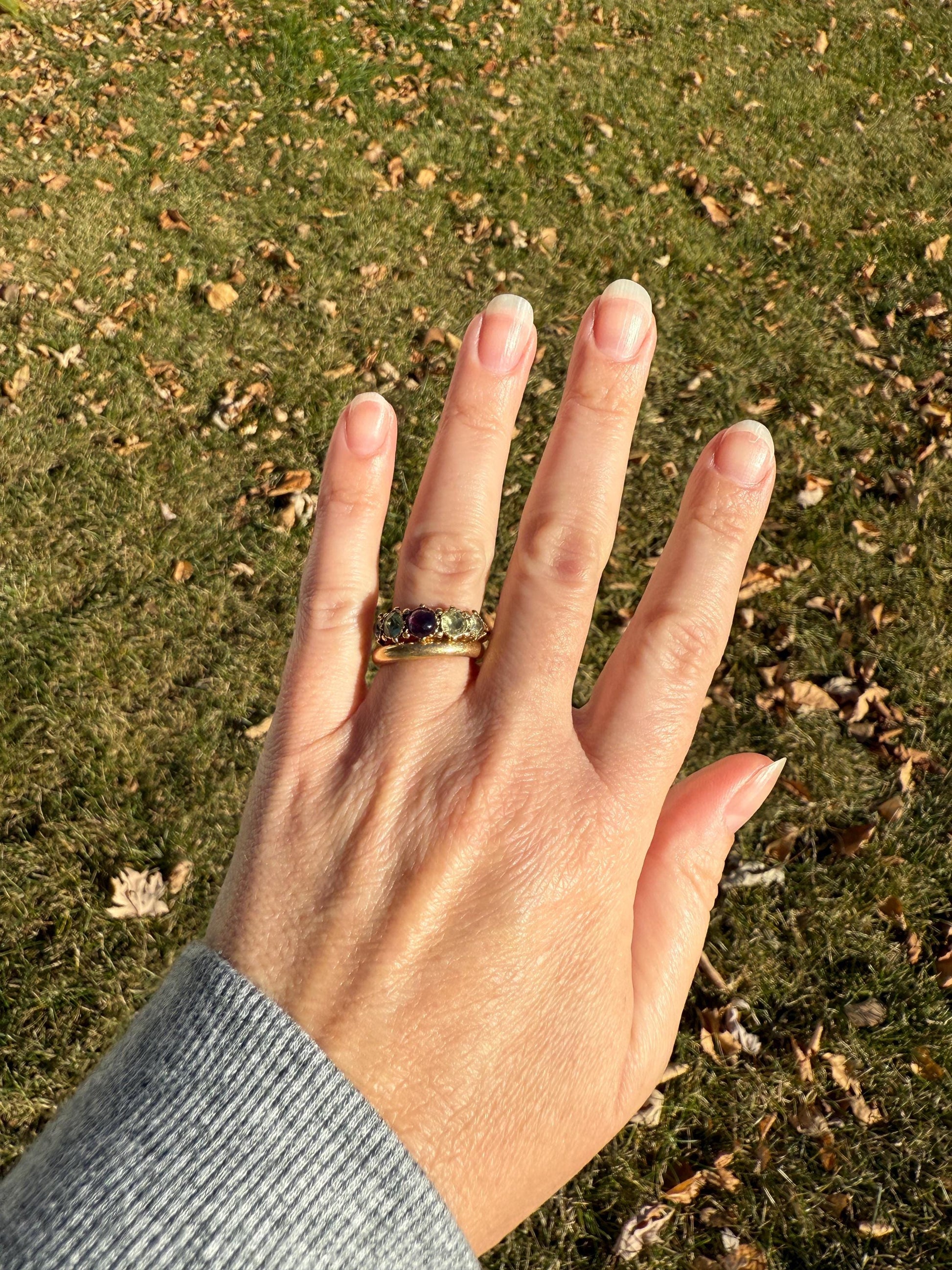 Unique Antique Georgian to Victorian Five Stone Old Cut Green Chrysoberyl & Cabochon Amethyst Stacker Band 18k Gold Ring Foiled Suffragette