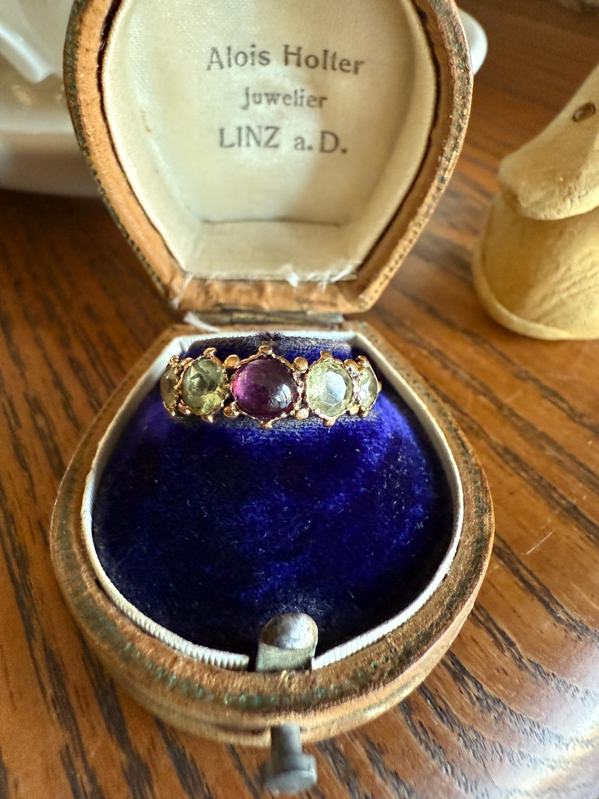 Unique Antique Georgian to Victorian Five Stone Old Cut Green Chrysoberyl & Cabochon Amethyst Stacker Band 18k Gold Ring Foiled Suffragette