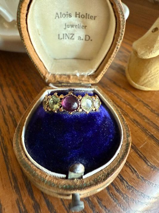 Unique Antique Georgian to Victorian Five Stone Old Cut Green Chrysoberyl & Cabochon Amethyst Stacker Band 18k Gold Ring Foiled Suffragette