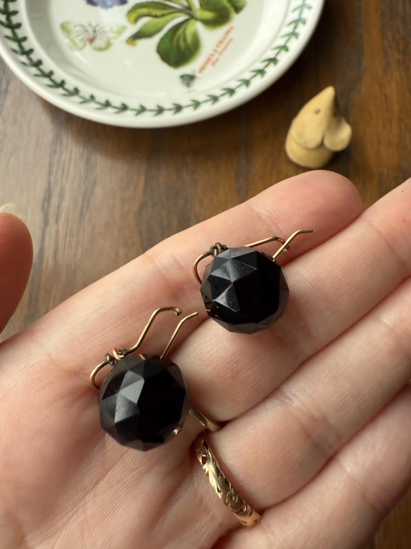 Black Onyx or Jet ? DISCO Ball 3D Sphere Victorian Antique Earrings Gold Fill Dangle Bold Holiday Statement Danglers