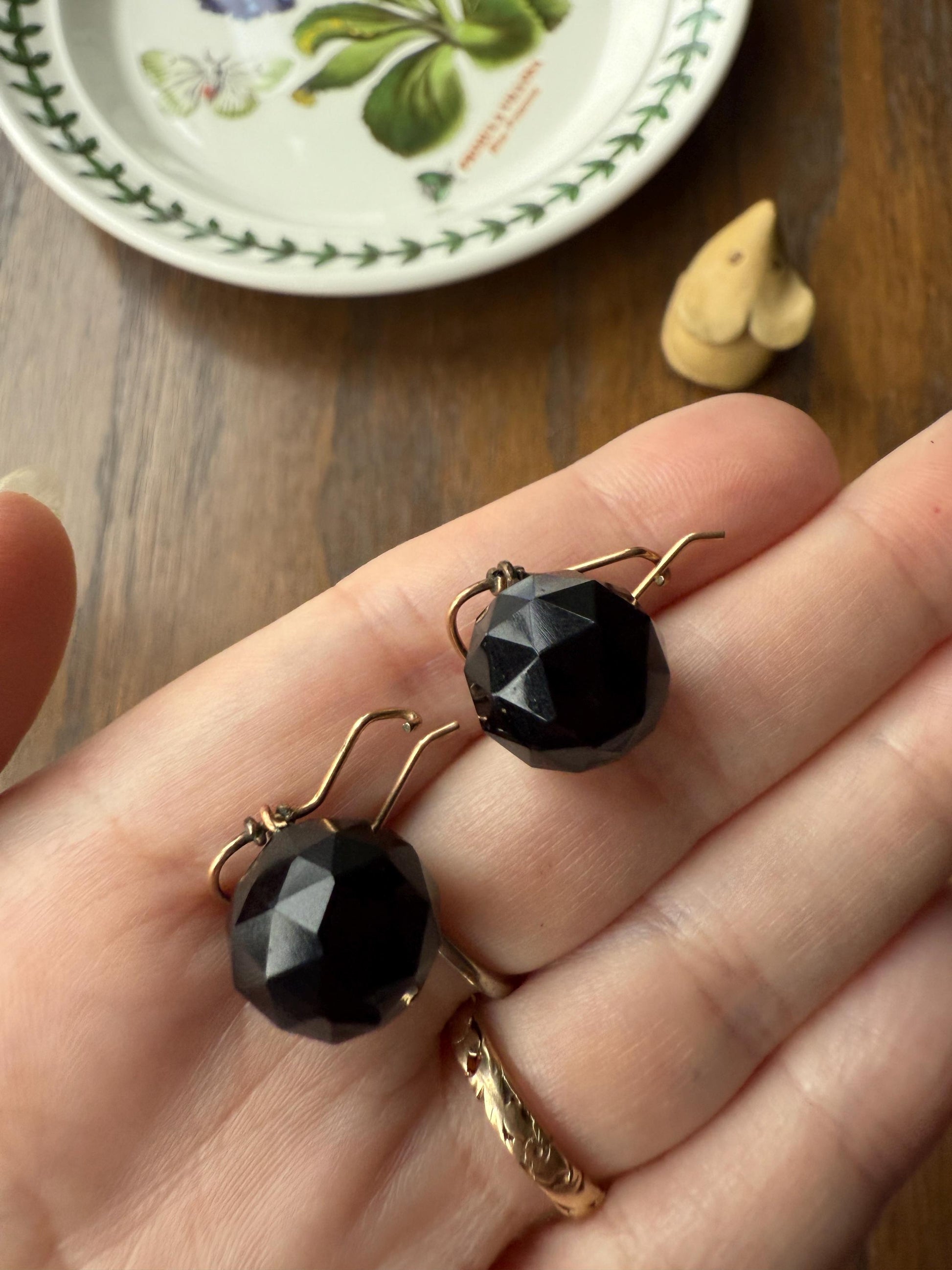 Black Onyx or Jet ? DISCO Ball 3D Sphere Victorian Antique Earrings Gold Fill Dangle Bold Holiday Statement Danglers