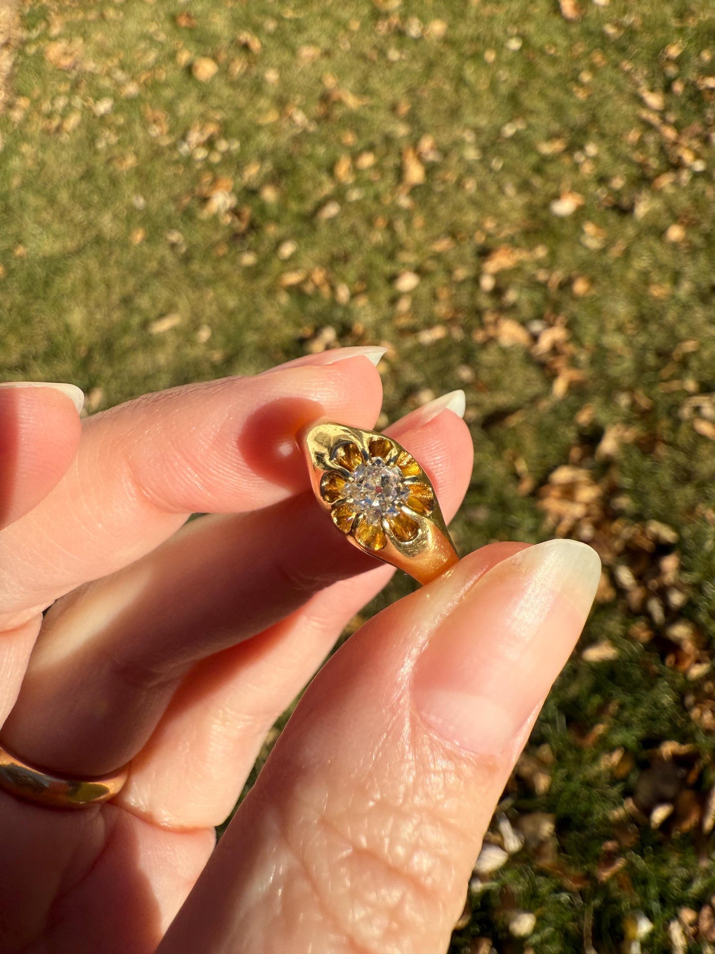 Chunky Antique .4 Carat Eye Clean Old Mine Cut Diamond Buttercup Gypsy Band Victorian 18k Gold Ring Wide Stacker Gift Belcher Unisex OMC Man