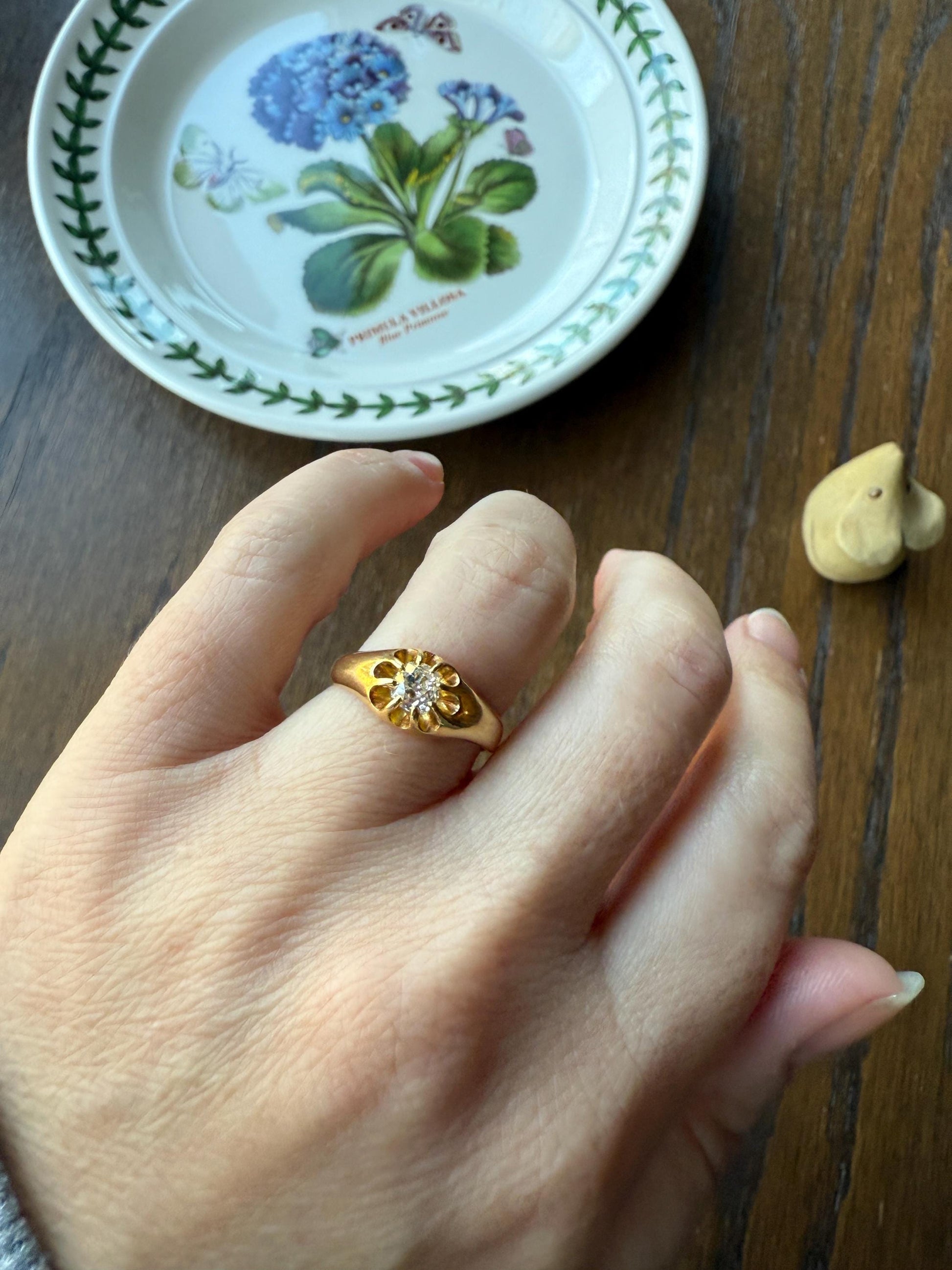 Chunky Antique .4 Carat Eye Clean Old Mine Cut Diamond Buttercup Gypsy Band Victorian 18k Gold Ring Wide Stacker Gift Belcher Unisex OMC Man