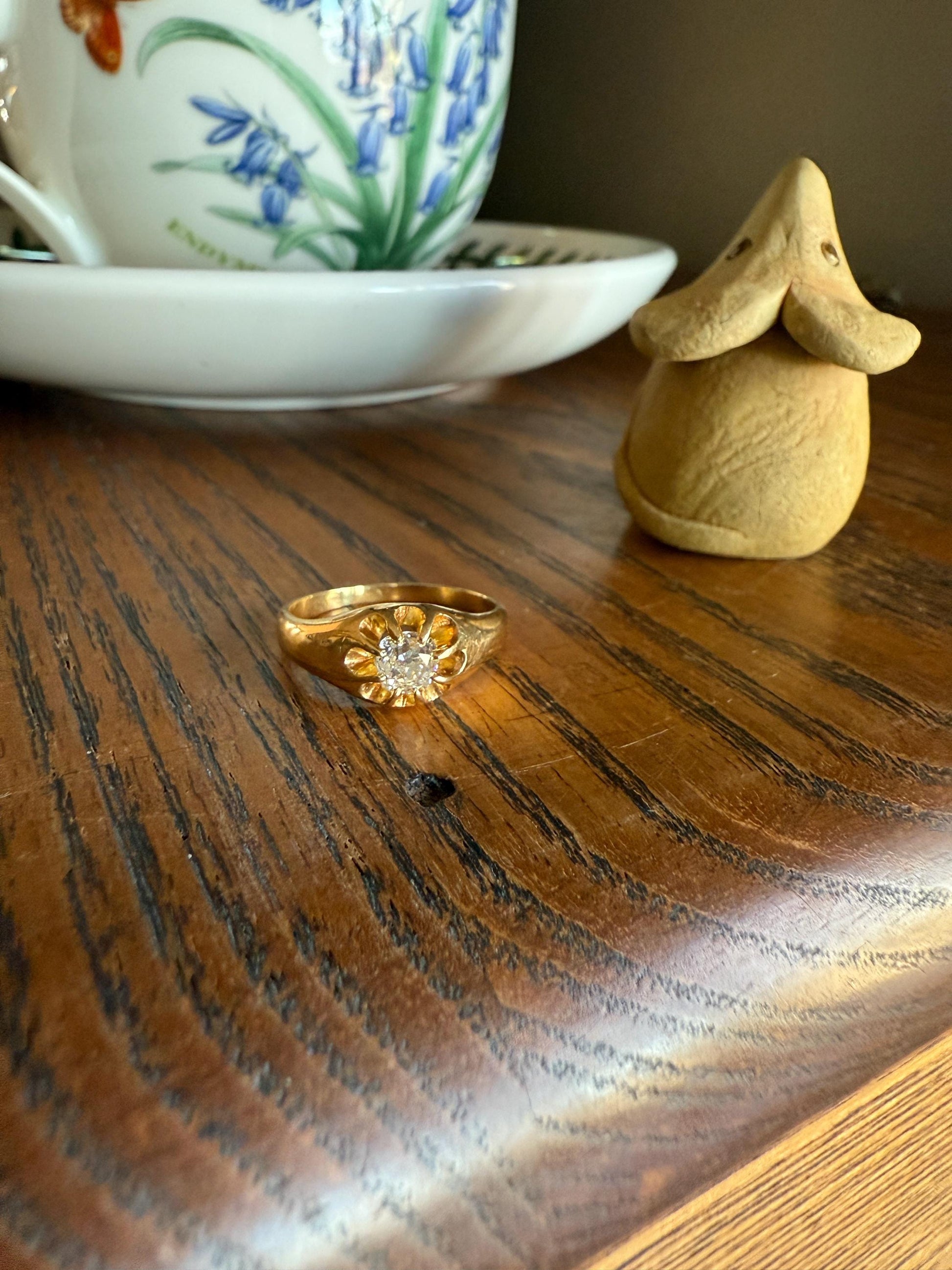 Chunky Antique .4 Carat Eye Clean Old Mine Cut Diamond Buttercup Gypsy Band Victorian 18k Gold Ring Wide Stacker Gift Belcher Unisex OMC Man