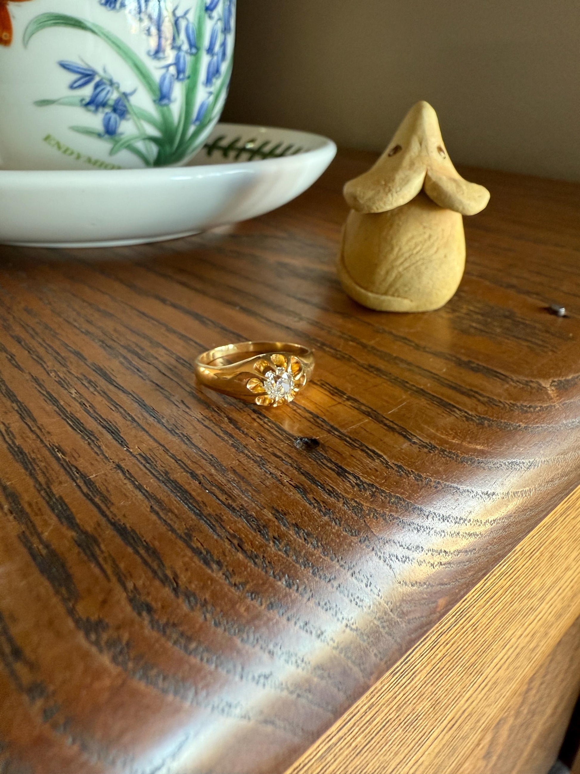 Chunky Antique .4 Carat Eye Clean Old Mine Cut Diamond Buttercup Gypsy Band Victorian 18k Gold Ring Wide Stacker Gift Belcher Unisex OMC Man