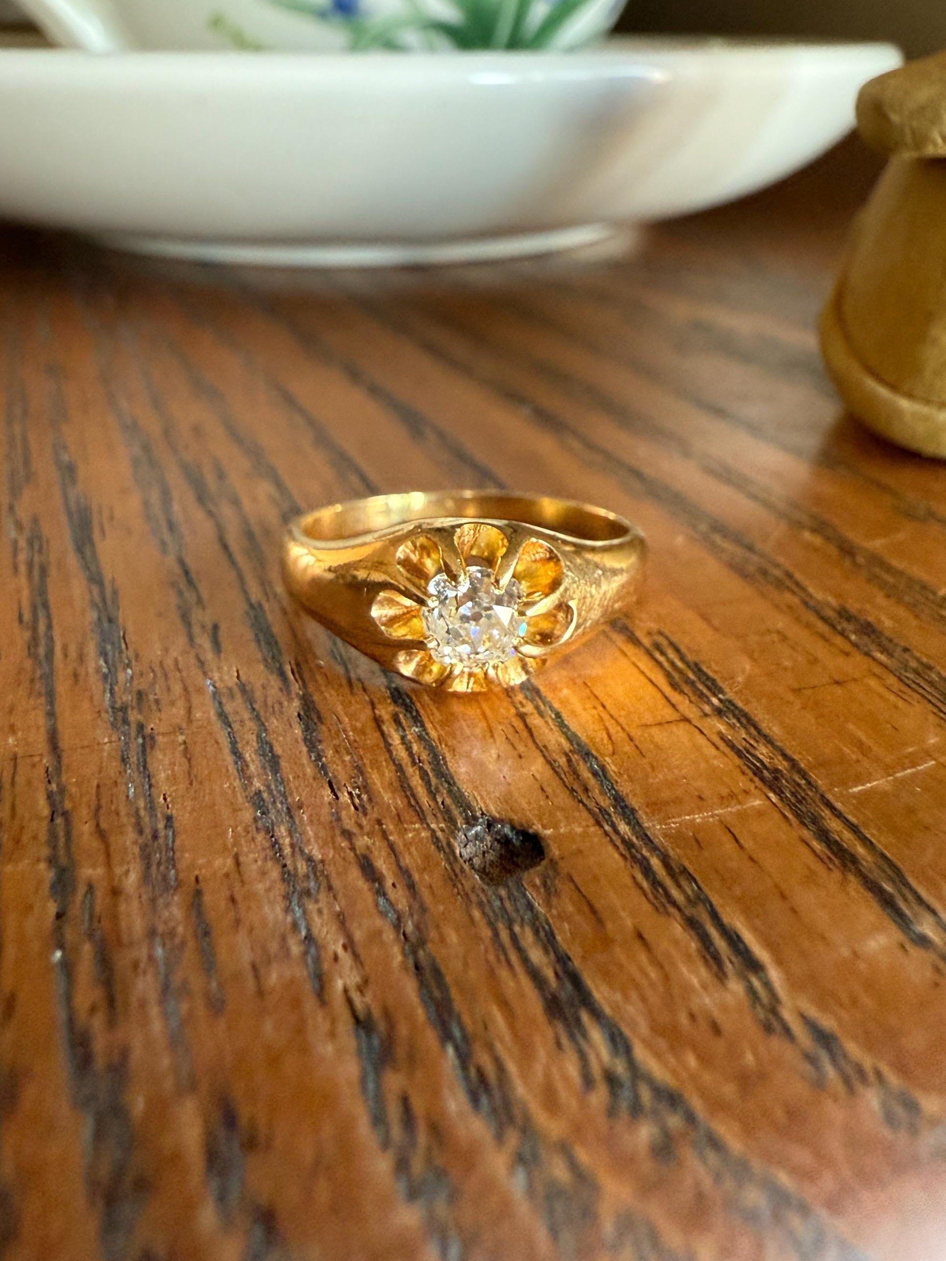 Chunky Antique .4 Carat Eye Clean Old Mine Cut Diamond Buttercup Gypsy Band Victorian 18k Gold Ring Wide Stacker Gift Belcher Unisex OMC Man