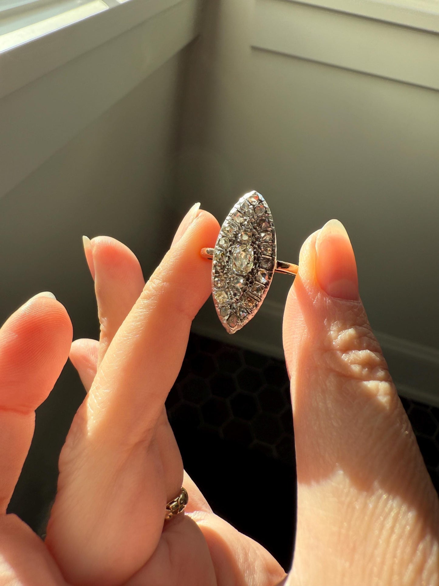 Antique 1.5 Carat Mixed Rose Old Mine Cut DIAMOND Navette Ring Champagne Light Brown Green Yellow Chunky Cluster 18k Gold Silver Cobblestone