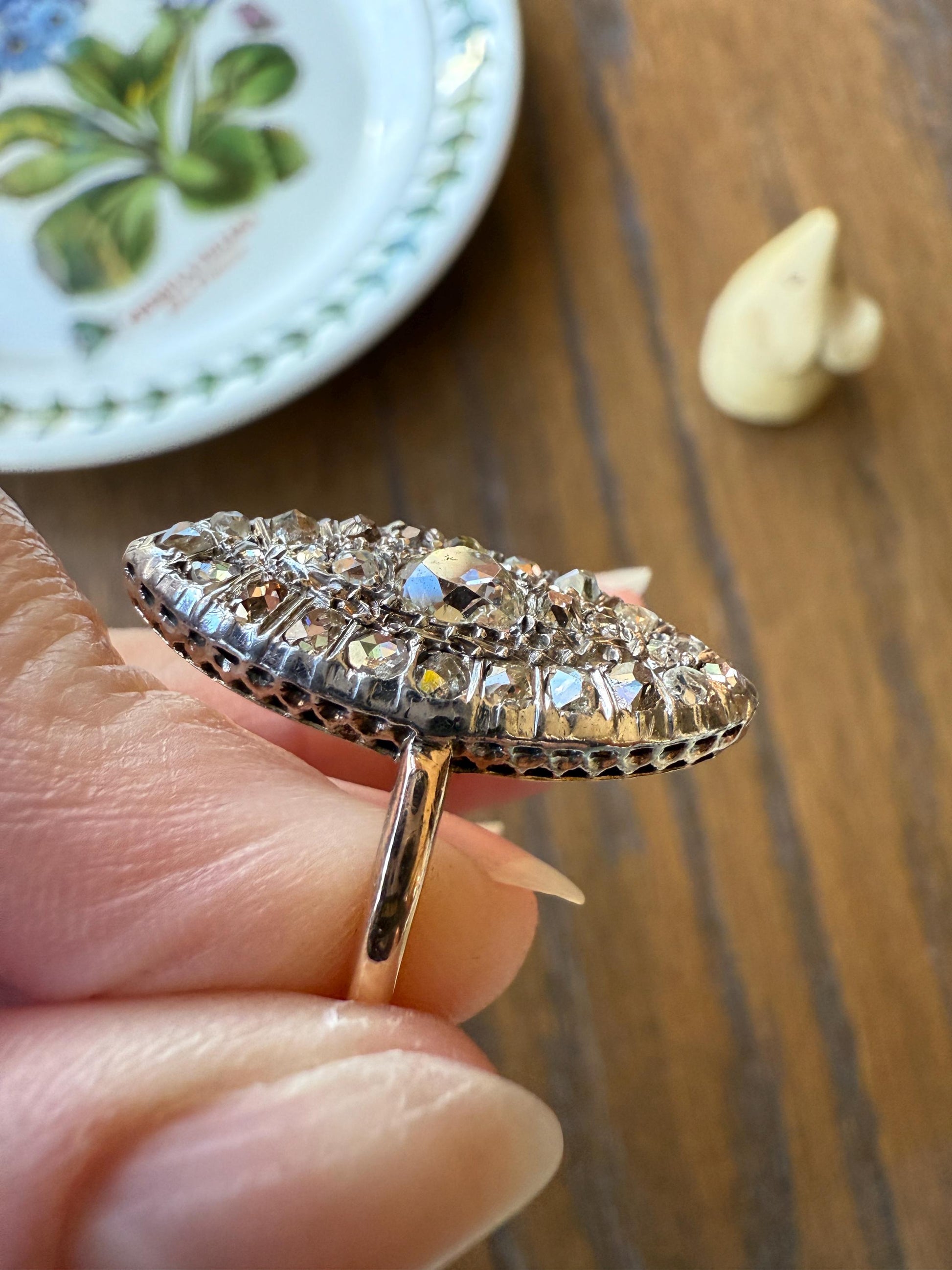 Antique 1.5 Carat Mixed Rose Old Mine Cut DIAMOND Navette Ring Champagne Light Brown Green Yellow Chunky Cluster 18k Gold Silver Cobblestone