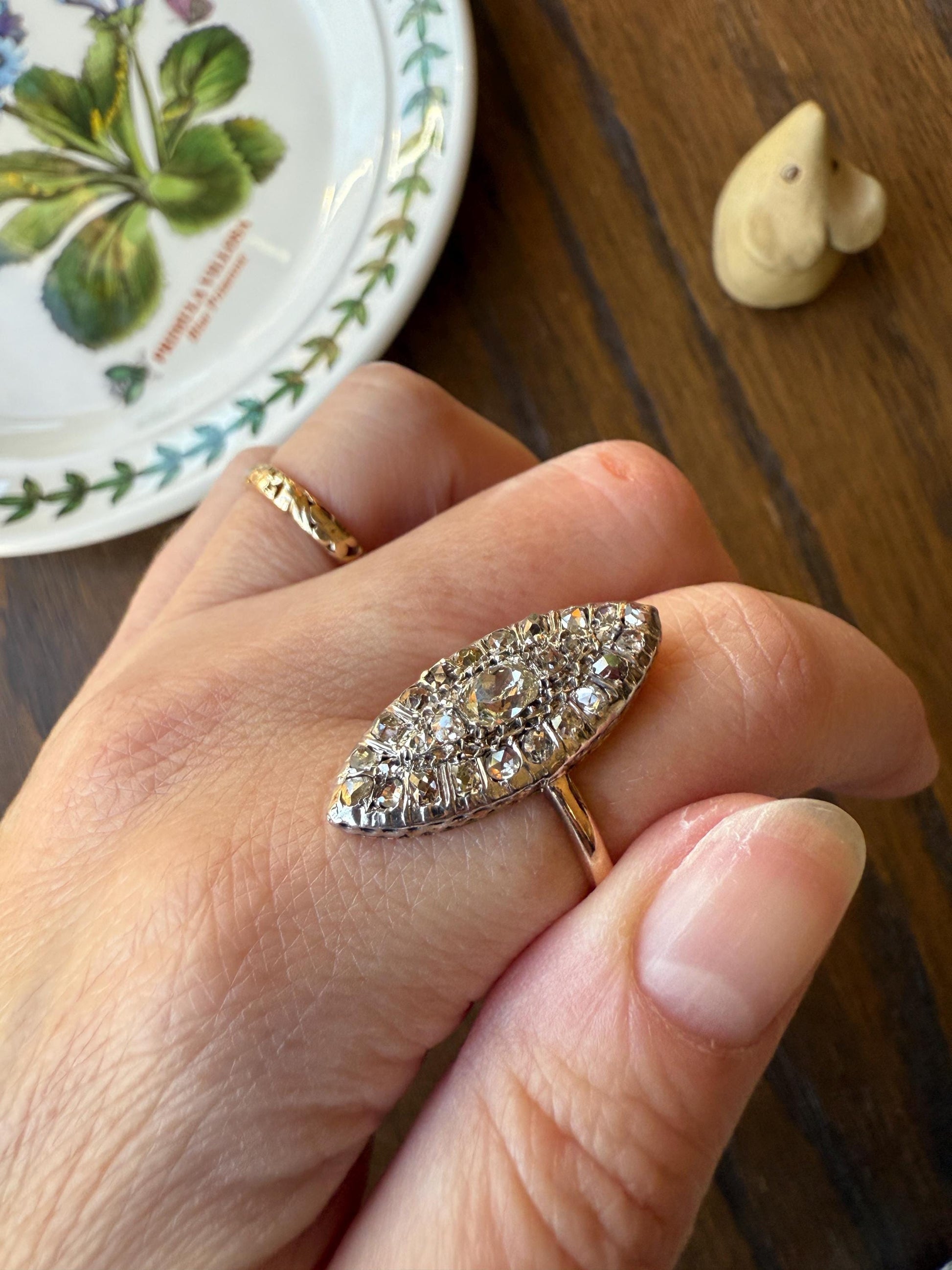 Antique 1.5 Carat Mixed Rose Old Mine Cut DIAMOND Navette Ring Champagne Light Brown Green Yellow Chunky Cluster 18k Gold Silver Cobblestone