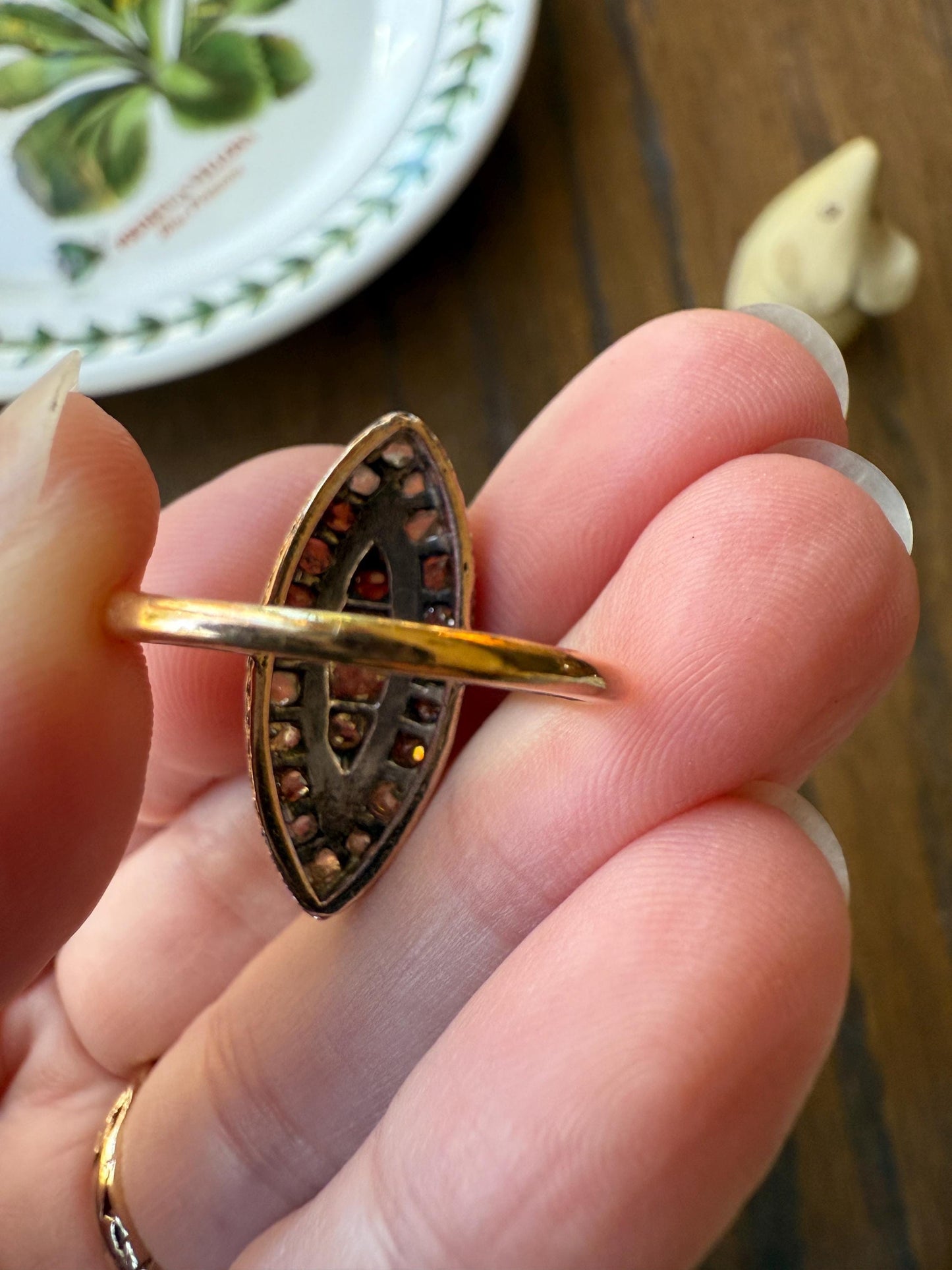 Antique 1.5 Carat Mixed Rose Old Mine Cut DIAMOND Navette Ring Champagne Light Brown Green Yellow Chunky Cluster 18k Gold Silver Cobblestone